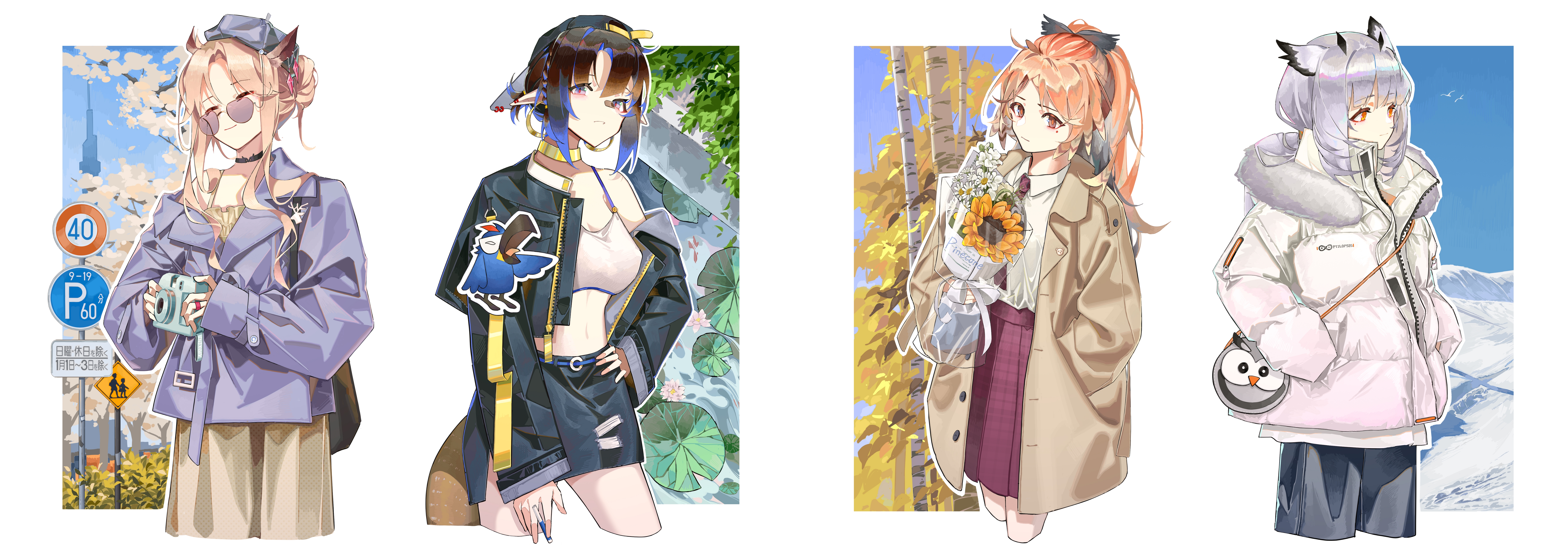 4girls absurdres arknights arm_at_side awakeningdog bag beret birch_tree black_choker black_jacket black_pants black_skirt blue_hair blue_sky bouquet branch brown_coat brown_eyes brown_hair camera choker closed_eyes coat collared_shirt cropped_legs down_jacket eunectes_(arknights) facing_ahead flower fur-trimmed_jacket fur_trim gitano_(arknights) gradient_hair grey_hat grey_skirt hand_on_own_hip handbag hat high-waist_skirt high_priest_(arknights) highres holding holding_bouquet holding_camera jacket legs_apart legs_together light_brown_hair lily_pad long_sleeves looking_ahead looking_at_viewer miniskirt mole mole_under_eye multicolored_hair multiple_girls necktie off_shoulder open_clothes open_coat orange_eyes outline own_hands_together pants parted_bangs pencil_skirt pinecone_(arknights) plaid_clothes plaid_skirt pleated_skirt pointy_ears polaroid_camera ponytail ptilopsis_(arknights) purple-tinted_eyewear purple_jacket red_necktie red_skirt road_sign round_eyewear school_uniform seasons shirt shirt_tucked_in short_ponytail sidelocks sign simple_bird skirt sky snow sports_bra sunflower sunglasses tinted_eyewear tree white_hair white_outline white_shirt white_sports_bra