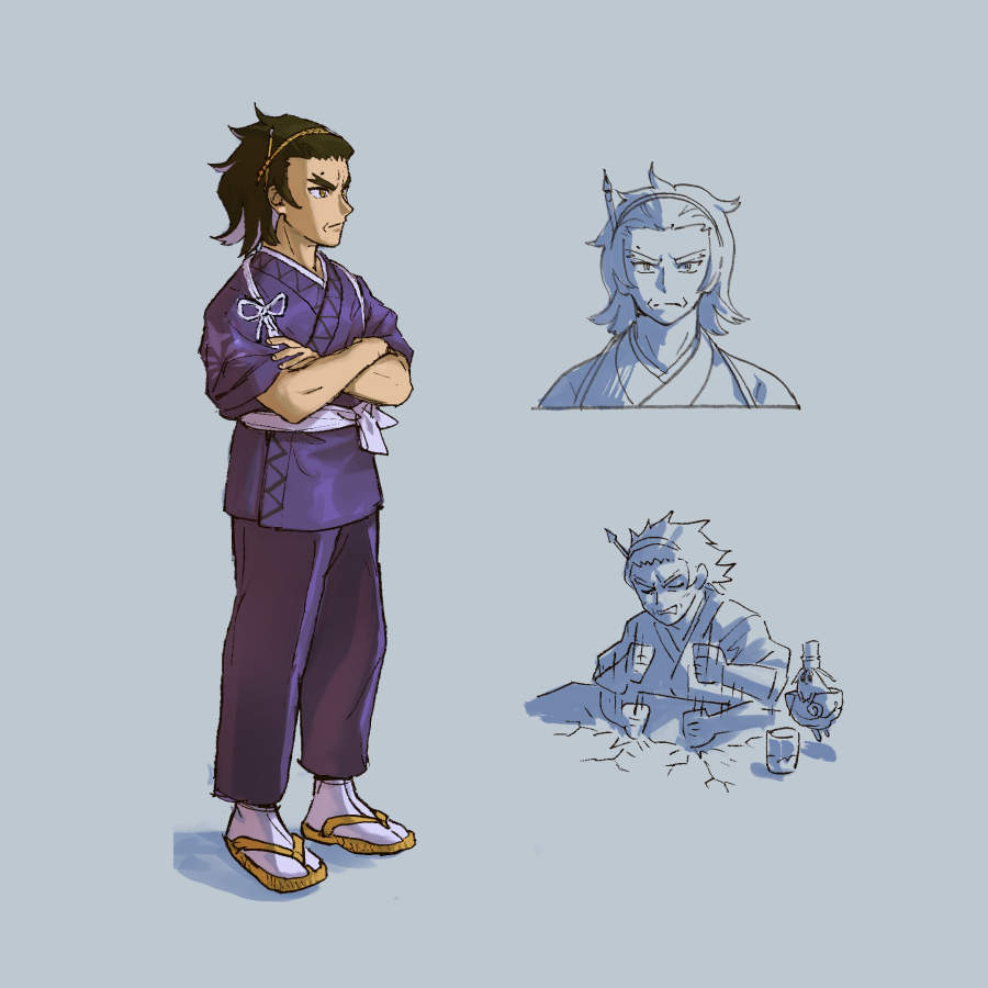 1boy angry black_hair clenched_hands clenched_teeth closed_eyes closed_mouth commentary crack crossed_arms cup go-lurk grey_background hairband male_focus medium_hair multiple_views nintendo paintbrush pants partially_colored pokemon pokemon_(creature) pokemon_sv poltchageist purple_pants purple_shirt sandals shirt short_sleeves socks standing teeth thick_eyebrows white_socks yellow_eyes zouri