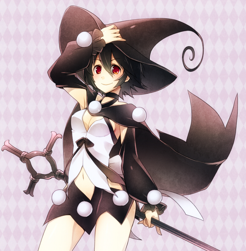 10s 1girl adjusting_clothes adjusting_headwear argyle_background argyle_clothes arm_warmers black_hair breasts cape choker cross earrings female_focus hat jewelry kazumi_(madoka_magica) kazune_rain magical_girl mahou_shoujo_kazumi_magica mahou_shoujo_madoka_magica navel red_eyes short_hair skirt small_breasts smile solo underboob weapon witch_hat