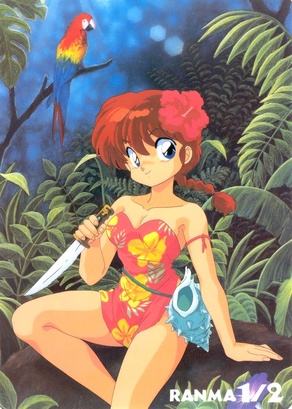 1girl arm_ribbon bare_shoulders bird blue_eyes braid braided_ponytail breasts cleavage copyright_name floral_print flower hair_flower hair_ornament hibiscus hibiscus_print highres holding holding_knife jungle knife long_hair looking_at_viewer macaw medium_breasts nakajima_atsuko nature official_art outdoors parrot ranma-chan ranma_1/2 red_hair reverse_grip ribbon scarlet_macaw seashell shell shitajiki single_braid sitting smile solo