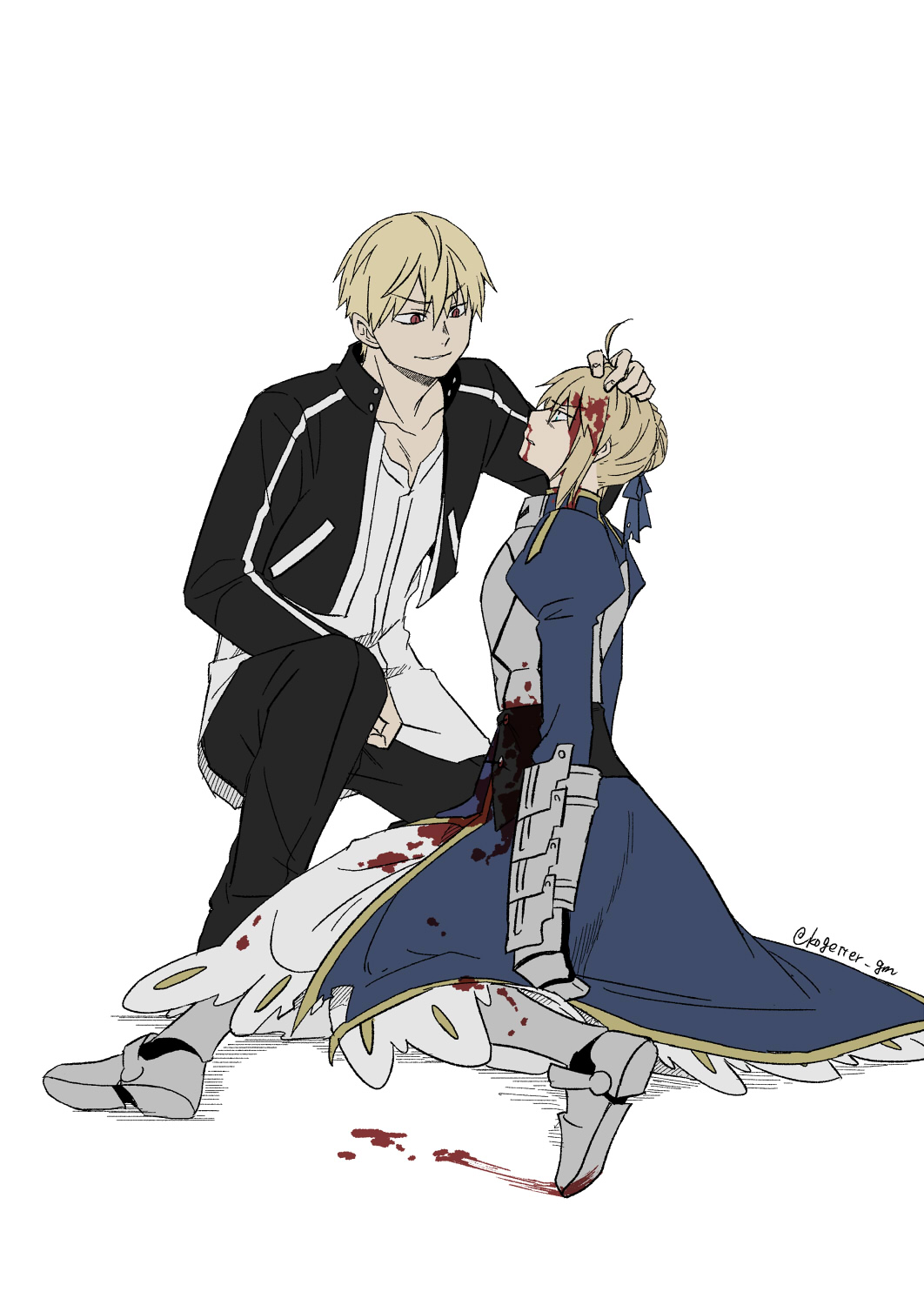 1boy 1girl armor artoria_pendragon_(fate) black_jacket black_pants blonde_hair blood blood_in_hair blood_on_clothes blue_dress breastplate commentary_request dress fate/stay_night fate_(series) gauntlets gilgamesh_(fate) gilgamesh_(immoral_biker_jacket)_(fate) grabbing_another&#039;s_hair greaves hair_bun hair_ribbon highres jacket juliet_sleeves long_dress long_sleeves moonlight_0423 nosebleed pants puffy_sleeves red_eyes ribbon saber_(fate) single_hair_bun squatting twitter_username