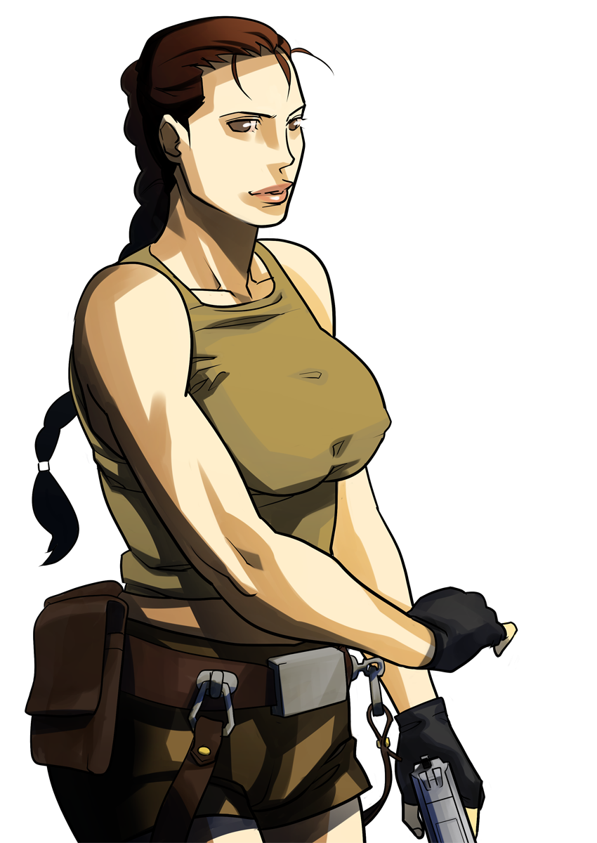 1girl angelina_jolie bad_id bad_pixiv_id bare_shoulders belt braid breasts brown_eyes brown_hair female_focus fingerless_gloves gloves gun handgun highres holster kitsune_atama lara_croft large_breasts lips long_hair pistol pouch shirt shorts single_braid solo tank_top taut_clothes taut_shirt tomb_raider toned toned_female weapon