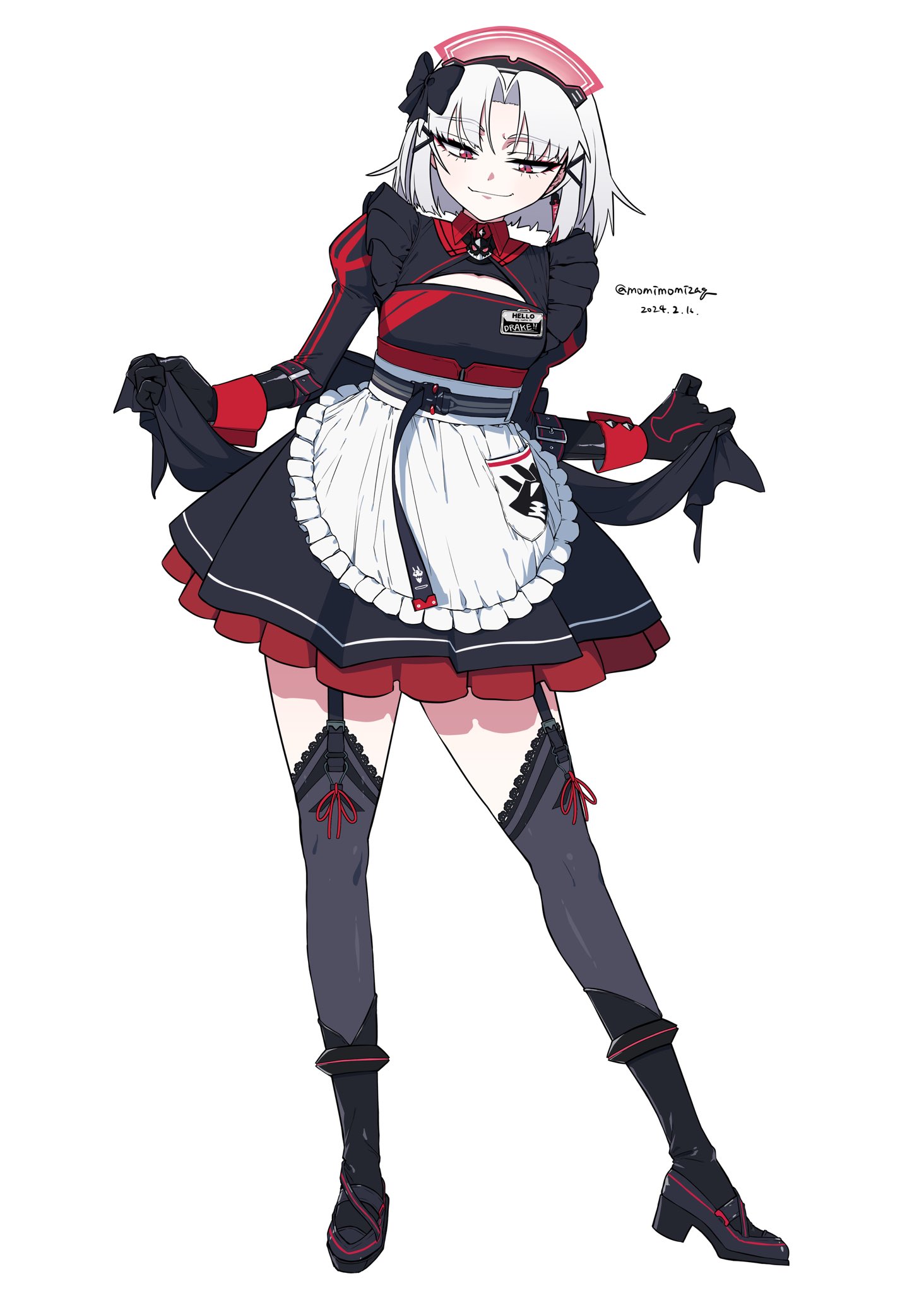 1girl alternate_costume apron black_dress black_gloves black_thighhighs closed_mouth contrapposto drake_(maid_for_villain)_(nikke) drake_(nikke) dress earrings enmaided frilled_dress frills gloves goddess_of_victory:_nikke highres jewelry maid maid_headdress nikumanman official_alternate_costume red_eyes short_hair smile solo thighhighs twitter_username white_apron white_hair