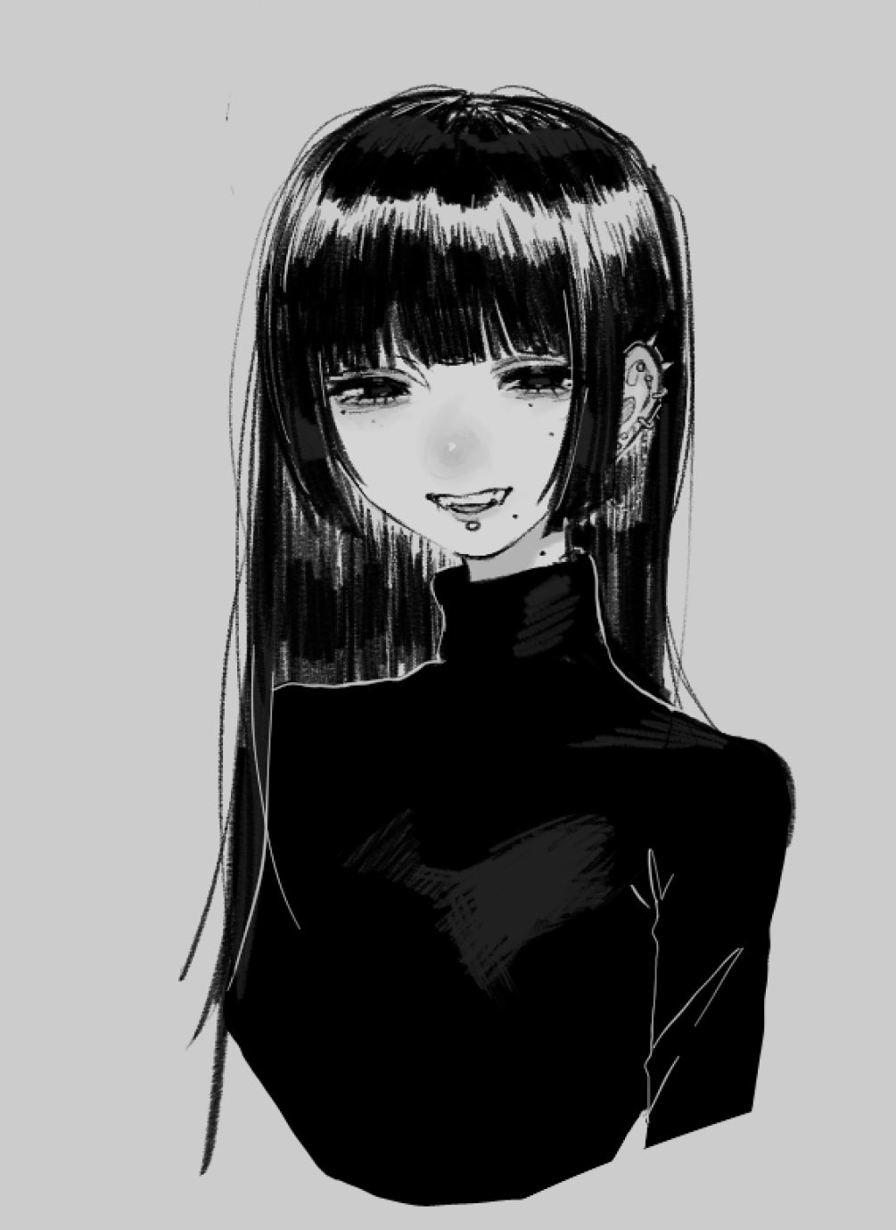 1girl blunt_bangs half-closed_eyes highres long_hair mole mole_on_neck mole_under_mouth monochrome original piercing sidelocks simple_background smile solo spiked_ear_piercing sweater teeth turtleneck turtleneck_sweater upper_body upper_teeth_only ushitaberu
