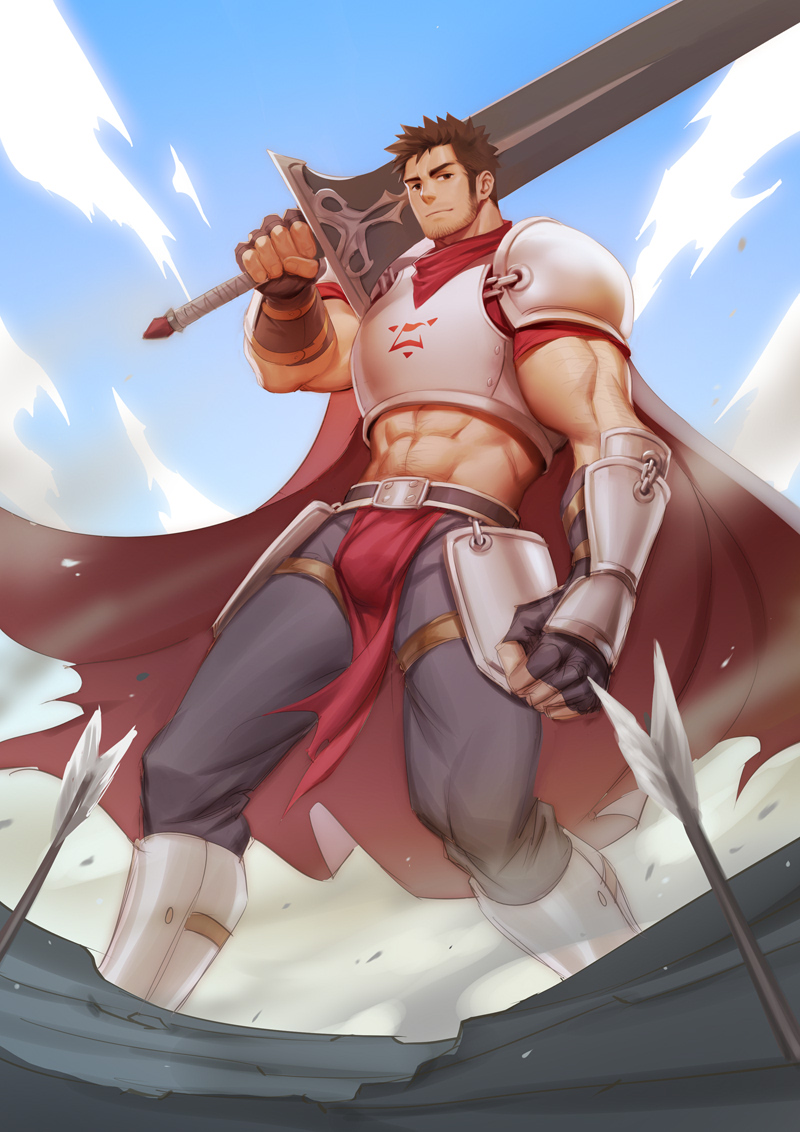 1boy abs armor arrow bara beard black_pants breastplate bulge check_copyright chrisanother copyright_request facial_hair feet_out_of_frame holding holding_sword holding_weapon large_pectorals leggings looking_at_viewer male_focus mature_male midriff muscular muscular_male navel navel_hair original over_shoulder pants pectorals pelvic_curtain short_hair sideburns sky solo stomach stubble sword sword_over_shoulder thick_thighs thighs weapon weapon_over_shoulder wind