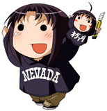 1girl :d arms_up bad_source black_eyes black_hair boxcutter chibi clothes_writing commentary_request hand_puppet long_sleeves lowres maso_(ascii_art) nevada-tan no_nose open_mouth puppet real_life short_hair simple_background smile solid_circle_eyes solo v-shaped_eyebrows white_background