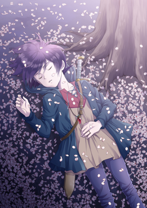 1boy blue_jacket brown_tunic chigayasan closed_eyes commentary_request ikusabe_wataru jacket jewelry long_sleeves lying male_focus mashin_eiyuuden_wataru outdoors pants parted_lips petals purple_hair purple_pants ring short_hair sleeping solo sword sword_on_back tree tunic under_tree weapon weapon_on_back