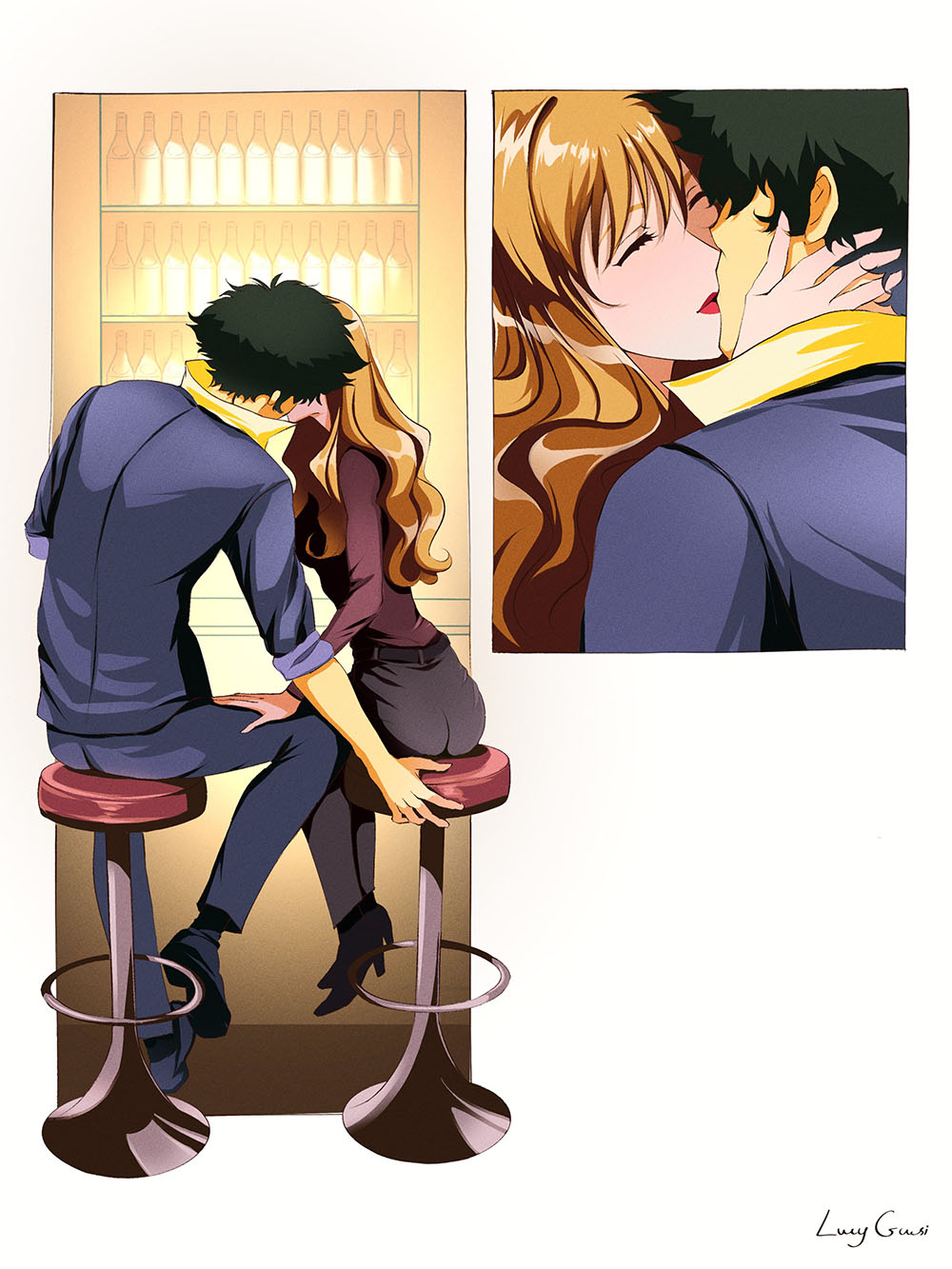1boy 1girl alcohol blonde_hair closed_eyes couple cowboy_bebop green_hair hetero highres julia_(cowboy_bebop) kiss lucyguusi spike_spiegel