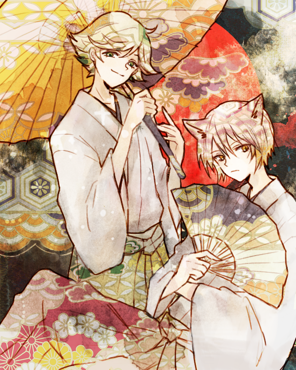 2boys animal_ears commentary_request folding_fan fox_boy fox_ears green_eyes green_hair hand_fan holding holding_fan holding_umbrella japanese_clothes kamisama_hajimemashita kikkoumon kimono looking_at_viewer male_focus mizuki_(kamisama_hajimemashita) multiple_boys oil-paper_umbrella orange_eyes purple_hair short_hair smile tomoe_(kamisama_hajimemashita) umbrella white_kimono y0110y