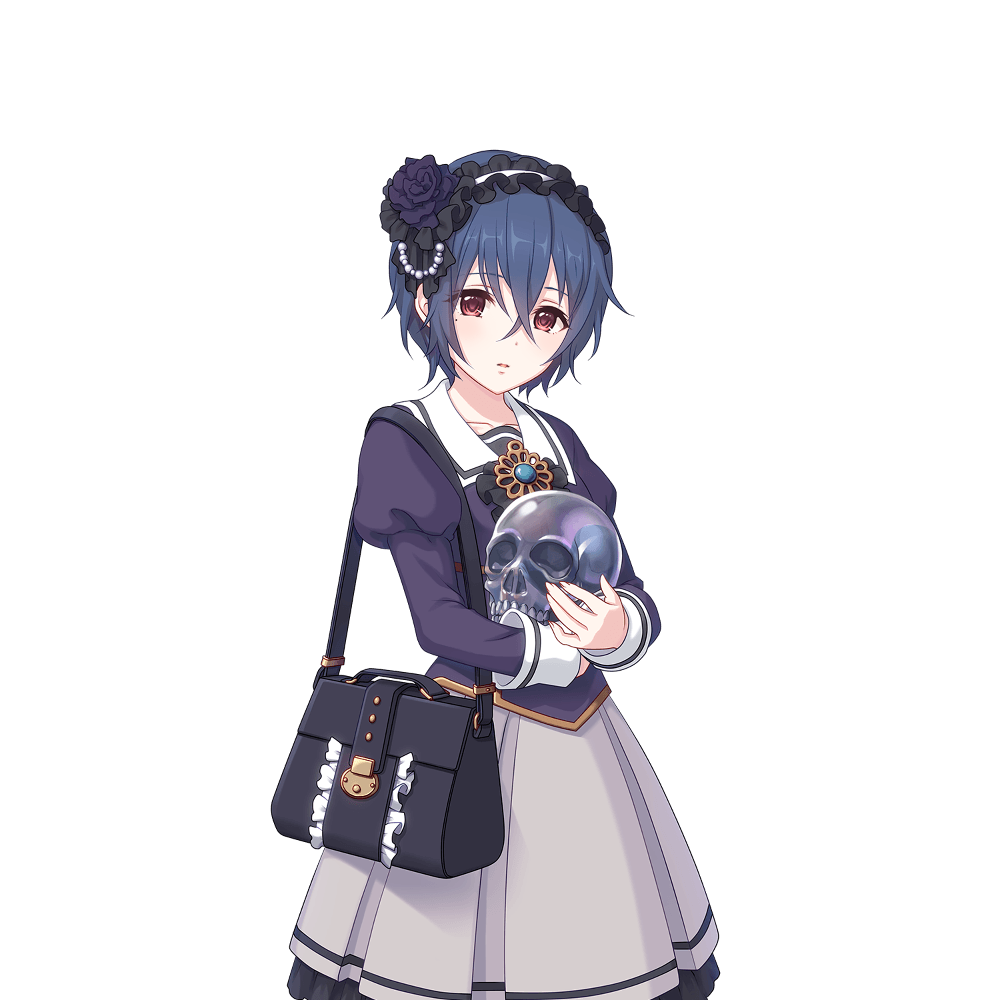 bag black_bag black_eyes black_shirt blue_hair dark_blue_hair hair_ornament holding holding_skull looking_at_viewer official_art princess_connect! shinobu_(princess_connect!) shinobu_(real)_(princess_connect!) shirt short_hair skull tachi-e transparent_background white_shirt