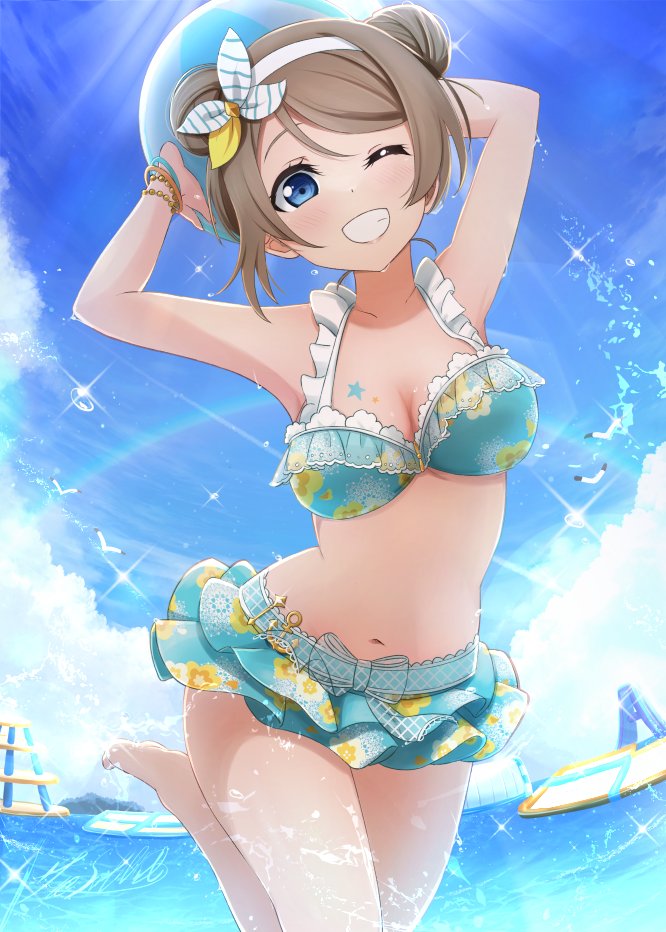 1girl aqua_bikini arms_up ball bikini bikini_day bird blue_eyes blue_sky blush bracelet breasts chest_tattoo cleavage cloud commentary_request double_bun hair_bun headband holding holding_ball jewelry light_brown_hair looking_at_viewer love_live! love_live!_sunshine!! medium_breasts navel one_eye_closed satolive20 skirt sky smile solo standing standing_on_one_leg star_(symbol) swimsuit tattoo watanabe_you water water_drop wet