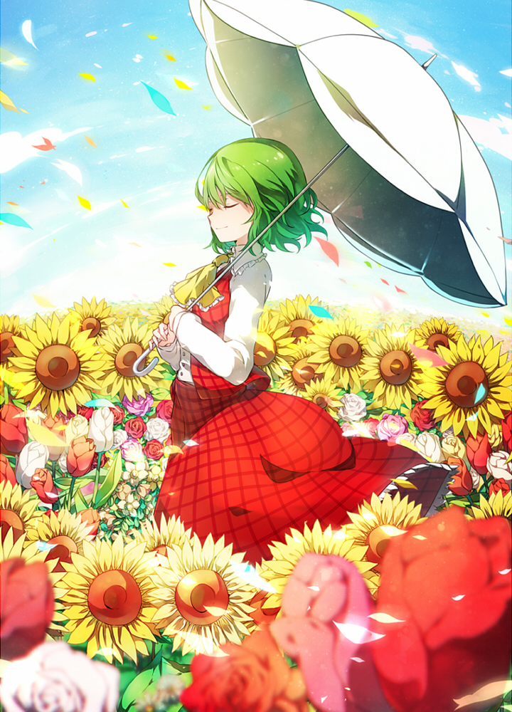 1girl aka_tonbo_(lililil) ascot blurry closed_eyes depth_of_field female_focus field flower flower_field green_hair kazami_yuuka long_hair parasol petals plaid_clothes plaid_vest rose short_hair smile solo sunflower sunflower_field touhou tulip umbrella vest