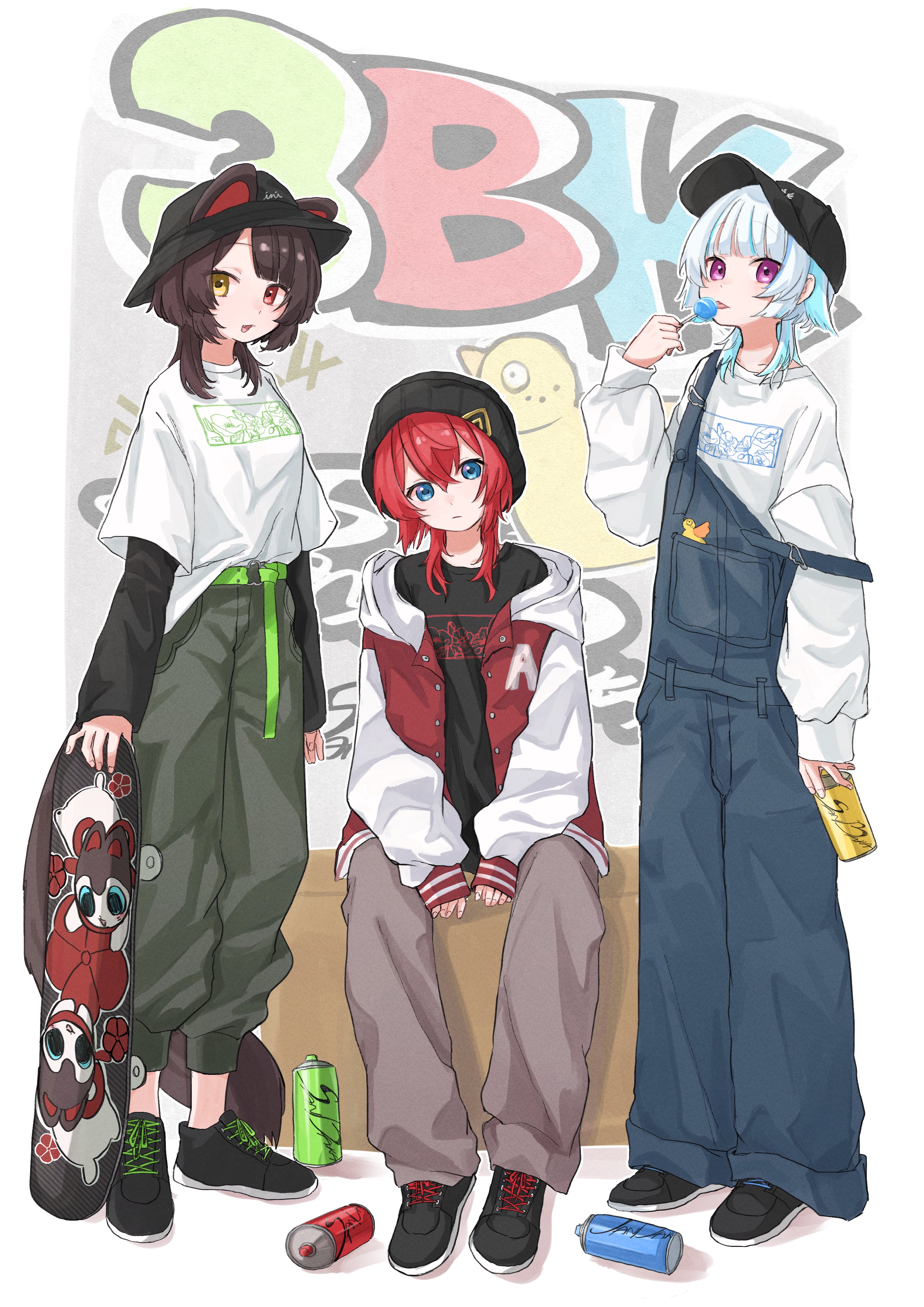 3girls 3znk :p absurdres alternate_costume alternate_hairstyle ange_katrina animal_ears arms_between_legs baggy_pants banken_(inui_toko) baseball_cap beanie belt bird black_hat black_shirt black_shoes black_sleeves blue_eyes blue_hair blue_overalls breasts brown_hair brown_tail bucket_hat candy character_name closed_mouth commentary_request crossed_bangs dog_ears dog_girl dog_tail ears_through_headwear fang floral_print_shirt food full_body graffiti green_belt green_pants grey_pants hair_between_eyes hand_up hat head_tilt heterochromia highres holding holding_candy holding_food holding_lollipop holding_skateboard inui_toko jacket layered_sleeves letterman_jacket lize_helesta lollipop long_bangs long_sleeves looking_at_viewer matching_hairstyle medium_breasts medium_hair multicolored_hair multiple_girls nijisanji off_shoulder open_clothes open_jacket open_mouth outline overalls pants purple_eyes red_eyes red_hair red_jacket sanbaka_(nijisanji) sebastian_piyodore shirt shirt_partially_tucked_in shoes short_over_long_sleeves short_sleeves sitting skateboard sleeves_past_wrists spray_paint standing strap_slip streaked_hair t-shirt tail tongue tongue_out two-tone_hair virtual_youtuber white_hair white_outline white_shirt white_sleeves wolf_cut yellow_bird yellow_eyes