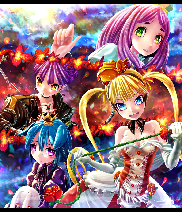 4girls 7th_dragon 7th_dragon_(series) alusha_(7th_dragon) elbow_gloves gloves kabutoyama maron_(7th_dragon) momomeno_(7th_dragon) multiple_girls princess_(7th_dragon) sora_(7th_dragon) whip