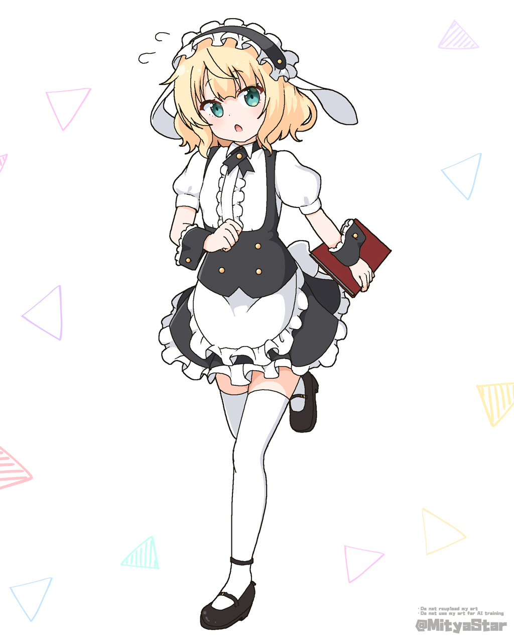 1girl animal_ears apron black_hairband black_skirt blonde_hair center_frills collared_shirt fake_animal_ears fleur_de_lapin_uniform flying_sweatdrops frilled_apron frilled_hairband frills full_body gochuumon_wa_usagi_desu_ka? green_eyes hairband highres holding kirima_syaro mitya puffy_short_sleeves puffy_sleeves rabbit_ears shirt shoes short_sleeves skirt solo thighhighs twitter_username waist_apron waitress white_apron white_background white_shirt white_thighhighs wrist_cuffs