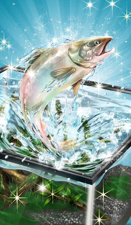 animal_focus blue_background chocolate_lady_no_karasawagi commentary fate/grand_order fate_(series) fish fish_tank lasengle no_humans official_art salmon sparkle splashing third-party_source water wet
