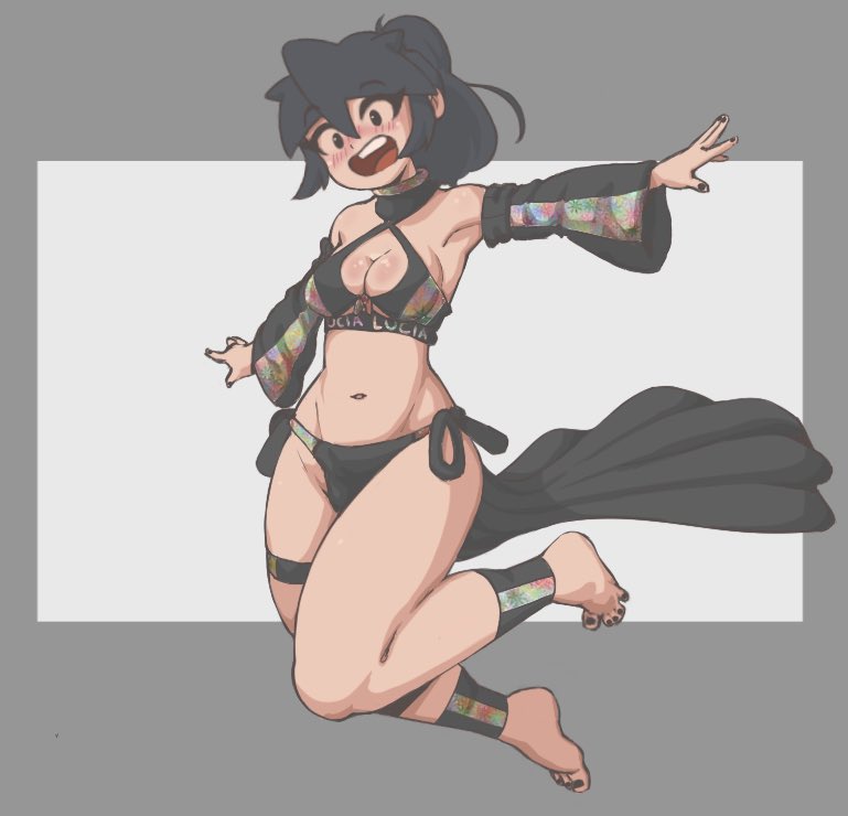 1girl armpits bikini black_bikini black_hair black_nails black_sarong blush borrowed_character breasts cleavage collared_bikini commentary detached_sleeves english_commentary full_body high_ponytail jumping kindheartcat looking_at_viewer lucia_(scott_malin) medium_breasts nail_polish navel open_mouth original outstretched_arms ponytail sarong side-tie_bikini_bottom solo spread_arms swimsuit teeth thighs toenail_polish toenails upper_teeth_only