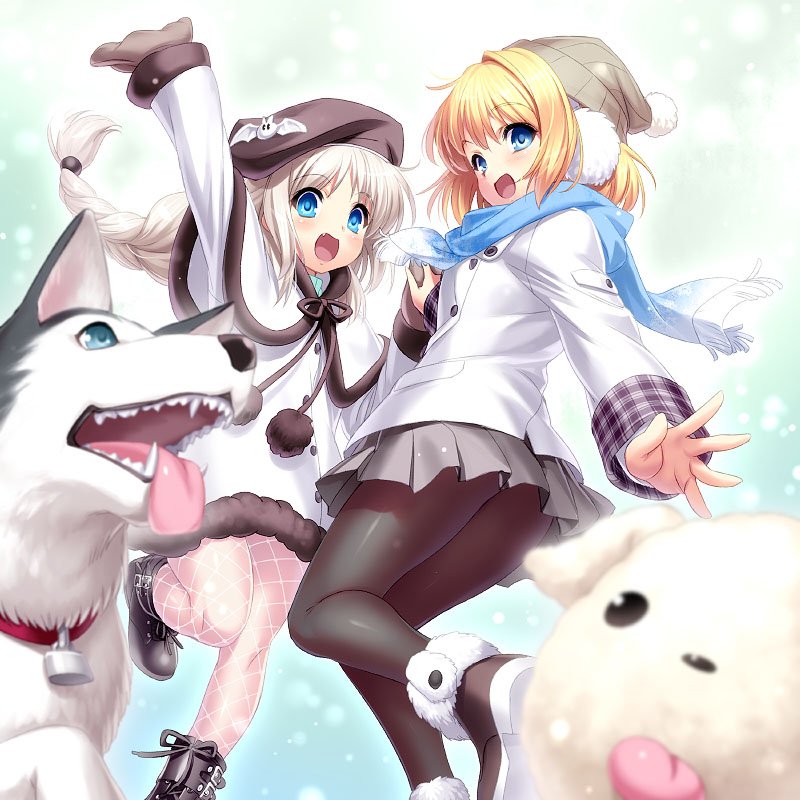 2girls air_(visual_novel) beanie beret black_hat black_legwear blonde_hair blue_eyes blue_scarf braid capelet company_connection crossover dog dress fishnet_pantyhose fishnets grey_skirt hat kamio_misuzu key_(company) little_busters! long_hair looking_at_viewer multiple_girls noumi_kudryavka open_mouth pantyhose pleated_skirt potato_(air) scarf short_hair silver_hair skirt smile strelka white_dress winter_clothes zen