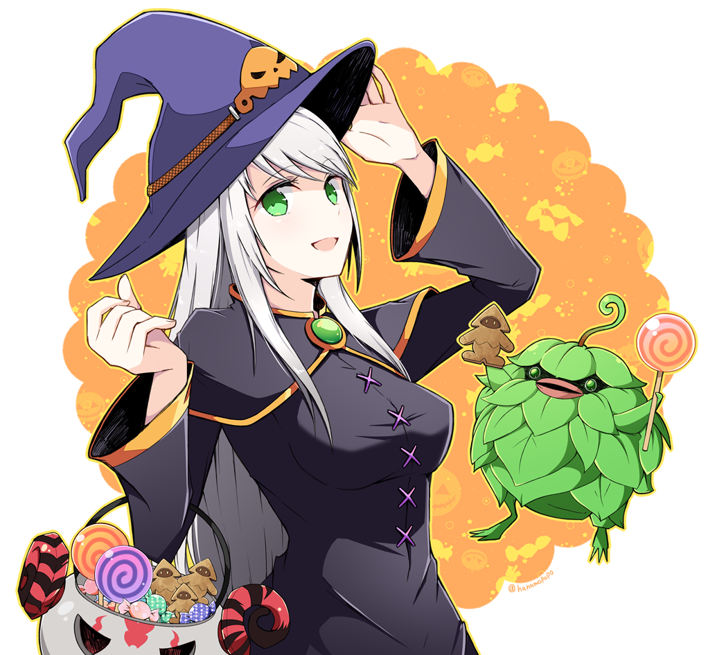 1girl :d arciela_v_adoulin black_capelet black_dress breasts brooch candy capelet cookie creature dress final_fantasy final_fantasy_xi food gem green_eyes green_gemstone grey_hair halloween_bucket hands_up hat jewelry leafkin lollipop long_hair long_sleeves medium_breasts ntapopo open_mouth outline purple_hat smile solo swirl_lollipop twitter_username witch_hat yellow_outline