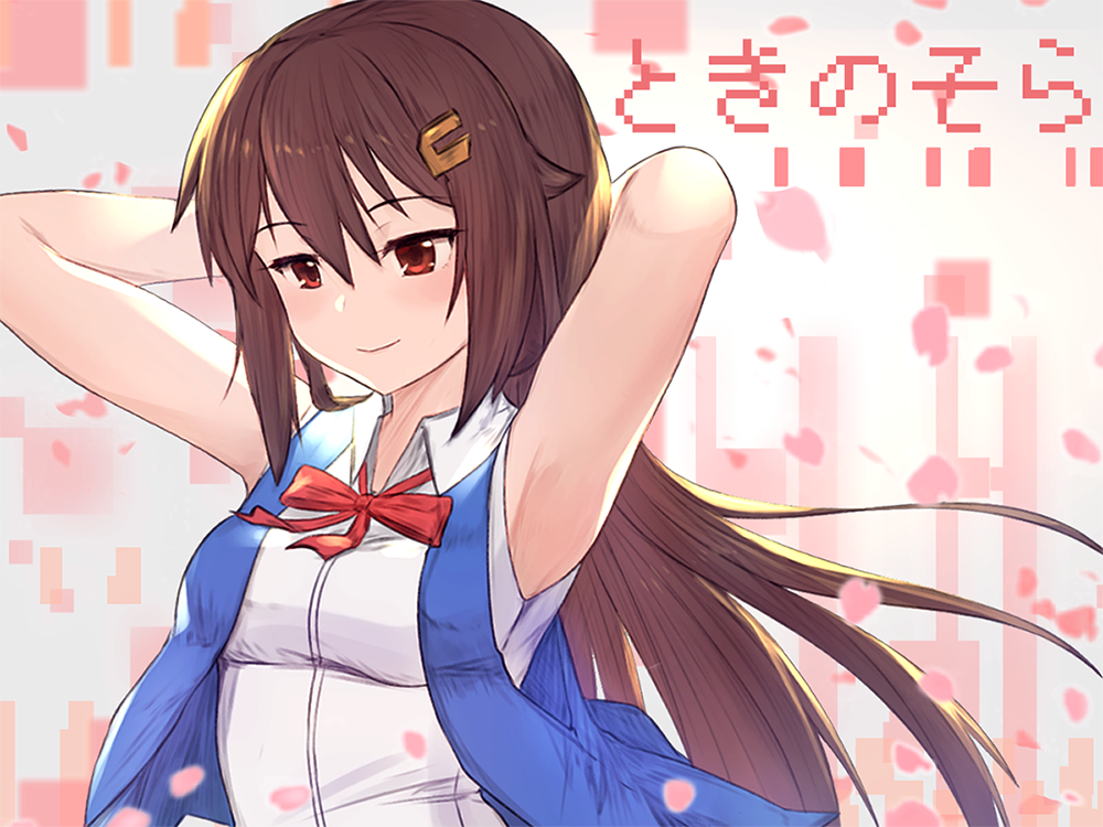1girl armpits arms_up bad_id bad_nicoseiga_id blouse blush breasts brown_hair character_name cherry_blossoms closed_mouth collared_shirt female_focus hair_between_eyes hair_flaps hair_ornament hololive iwahana long_hair looking_away medium_breasts red_eyes shirt simple_background sleeveless sleeveless_shirt smile solo tokino_sora tokino_sora_(old_design) upper_body very_long_hair virtual_youtuber white_shirt