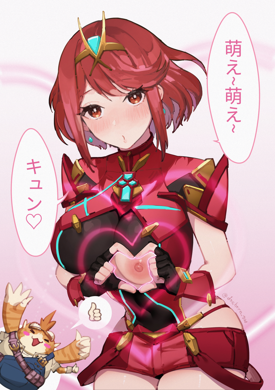 &gt;_&lt; 1boy 1girl :o animal_ears blush breasts chest_jewel cleavage closed_eyes doehorn earrings gloves heart heart_hands highres jewelry large_breasts looking_at_viewer nipples nopon open_mouth pink_background pyra_(xenoblade) red_eyes red_hair short_hair solo_focus spoken_heart spoken_thumbs_up swept_bangs tiara tora_(xenoblade_2) twitter_username x-ray xenoblade_chronicles_(series) xenoblade_chronicles_2