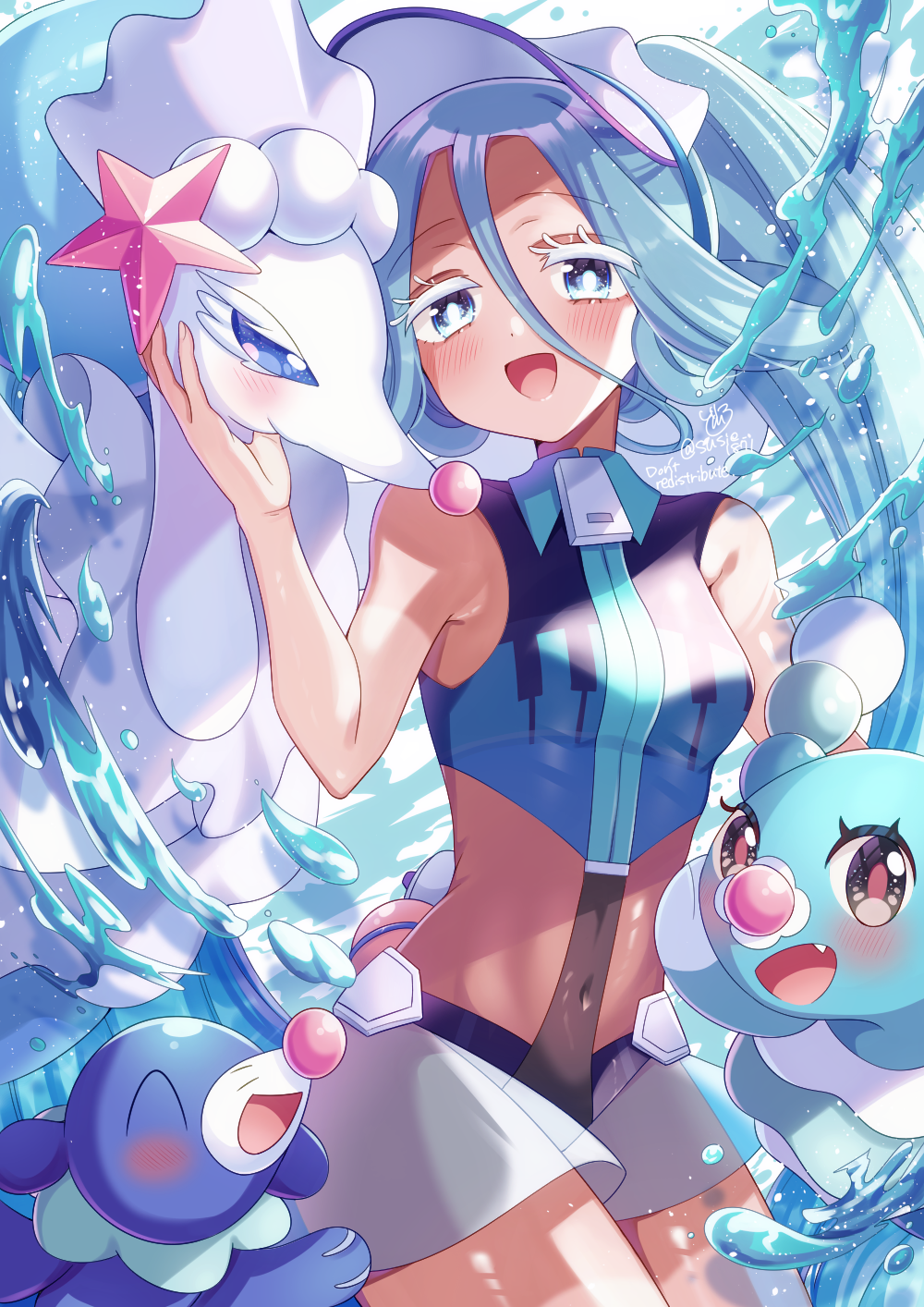 1girl :d blue_eyes breasts bright_pupils brionne colored_eyelashes commentary_request covered_navel doroshii evolutionary_line eyelashes gen_7_pokemon hair_between_eyes hand_up happy hatsune_miku highres long_hair looking_at_viewer nintendo open_mouth pokemon pokemon_(creature) popplio primarina project_voltage shiny_skin shorts smile visor_cap vocaloid water water_drop water_miku_(project_voltage) white_pupils