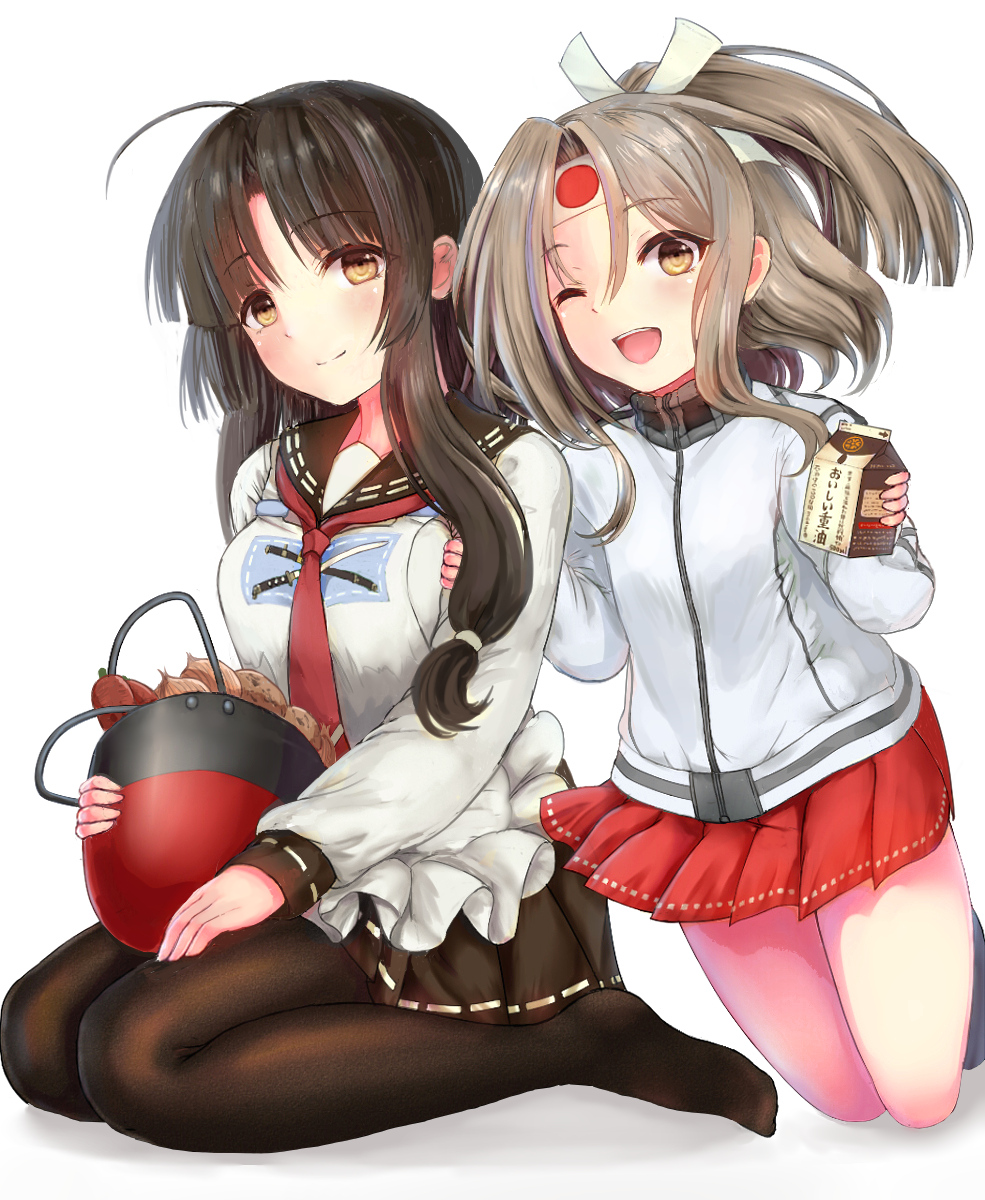 2girls :d ;d ahoge alternate_costume apron basket black_hair black_pantyhose collarbone cosplay em_s grey_eyes grey_hair hachimaki hayasui_(kancolle) hayasui_(kancolle)_(cosplay) headband highres holding kantai_collection long_hair looking_at_viewer milk_carton multiple_girls one_eye_closed open_mouth pantyhose pleated_skirt ponytail redrawn school_uniform seiza serafuku shouhou_(kancolle) simple_background sitting skirt smile taigei_(kancolle) taigei_(kancolle)_(cosplay) white_background zuihou_(kancolle)