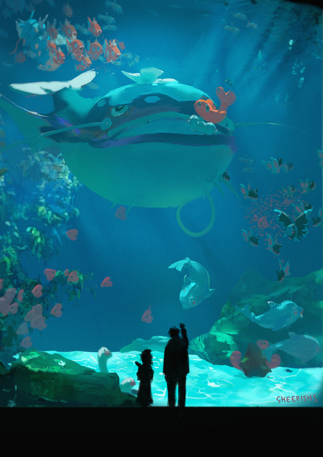 aquarium artist_name dondozo finneon gen_1_pokemon gen_3_pokemon gen_4_pokemon gyarados highres lumineon luvdisc magikarp nintendo palafin palafin_(zero) pokemon pokemon_(creature) sheepishs silhouette tatsugiri tatsugiri_(curly) water wiglett