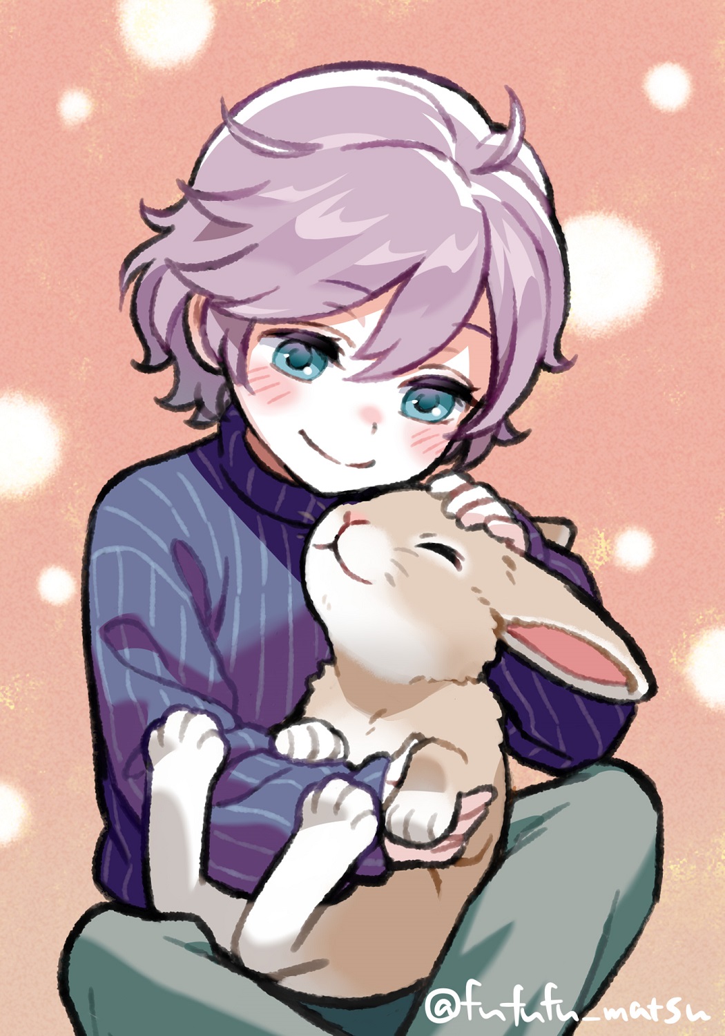 1boy animal blue_eyes blue_sweater commentary_request epel_felmier funuyu highres holding holding_animal indian_style male_focus purple_hair rabbit short_hair sitting smile solo sweater twisted_wonderland