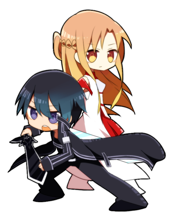 1boy 1girl asuna_(sao) black_coat black_hair black_pants braid brown_hair coat commentary_request deformed dress fighting_stance full_body holding holding_sword holding_weapon kirito long_hair no_nose open_mouth pants sakaduki_chako sleeveless sleeveless_dress sword sword_art_online weapon white_dress