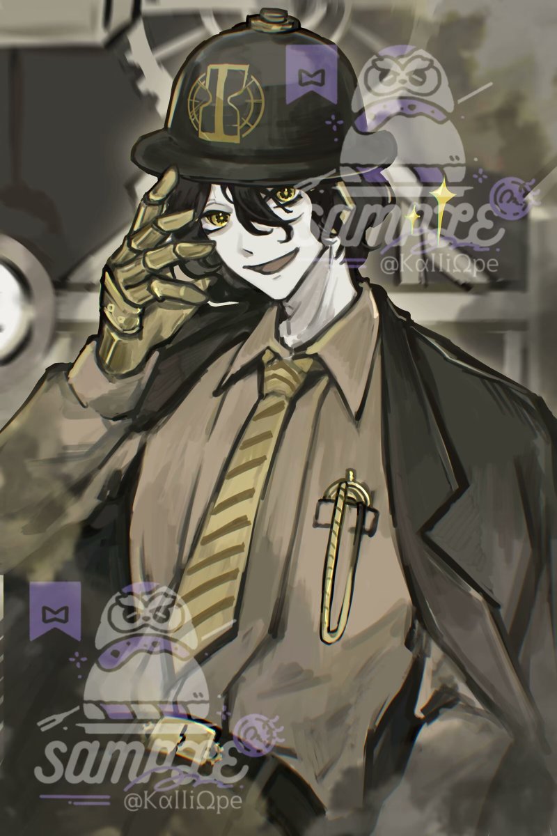 1boy black_hat black_jacket bowler_hat collared_shirt commission diagonal-striped_shirt grey_shirt hat highres hubert_(limbus_company) jacket jacket_on_shoulders kalliope_orc lapels limbus_company looking_at_viewer mechanical_hands notched_lapels open_mouth project_moon shirt smile solo watch wristwatch yellow_eyes
