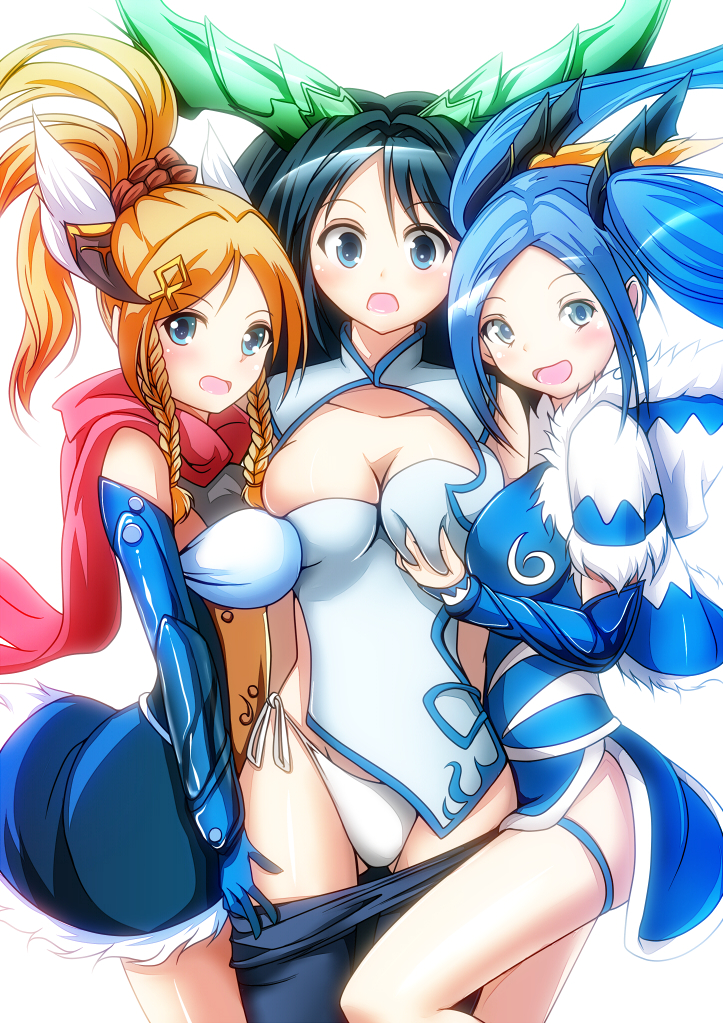 3girls black_hair blonde_hair blue_eyes blue_hair breasts china_dress chinese_clothes cleavage clothes_pull dress grabbing_another&#039;s_breast groping idunn_&amp;_idunna karin_(p&amp;d) long_hair looking_at_viewer merry_(diameri) multiple_girls open_mouth panties pantyhose pantyhose_pull ponytail puzzle_&amp;_dragons side-tie_panties smile twintails underwear white_panties yuri