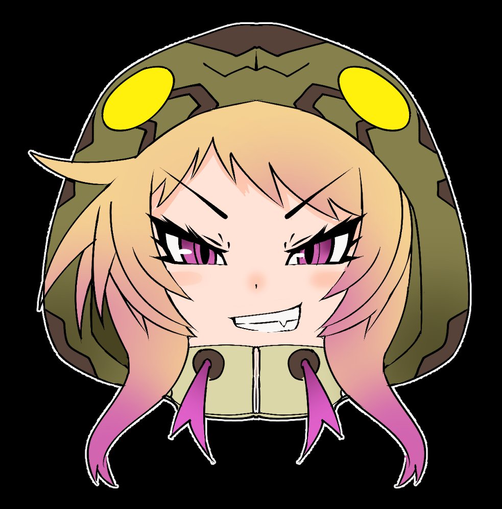 1girl african_rock_python_(kemono_friends) animal_hood animal_print black_background blonde_hair drawstring evil_grin evil_smile eyelashes fang grin hood hood_up kemono_friends looking_at_viewer multicolored_hair nanoder print_hood purple_eyes purple_hair simple_background smile snake_hood snake_print solo teeth tsurime v-shaped_eyebrows