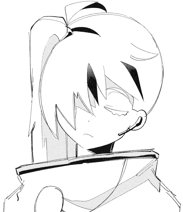 ahoge brooch cape closed_eyes closed_mouth earpiece gold_trim greyscale jewelry library_of_ruina madotsuki_ren microphone monochrome multicolored_hair project_moon side_ponytail simple_background streaked_hair yan_vismok