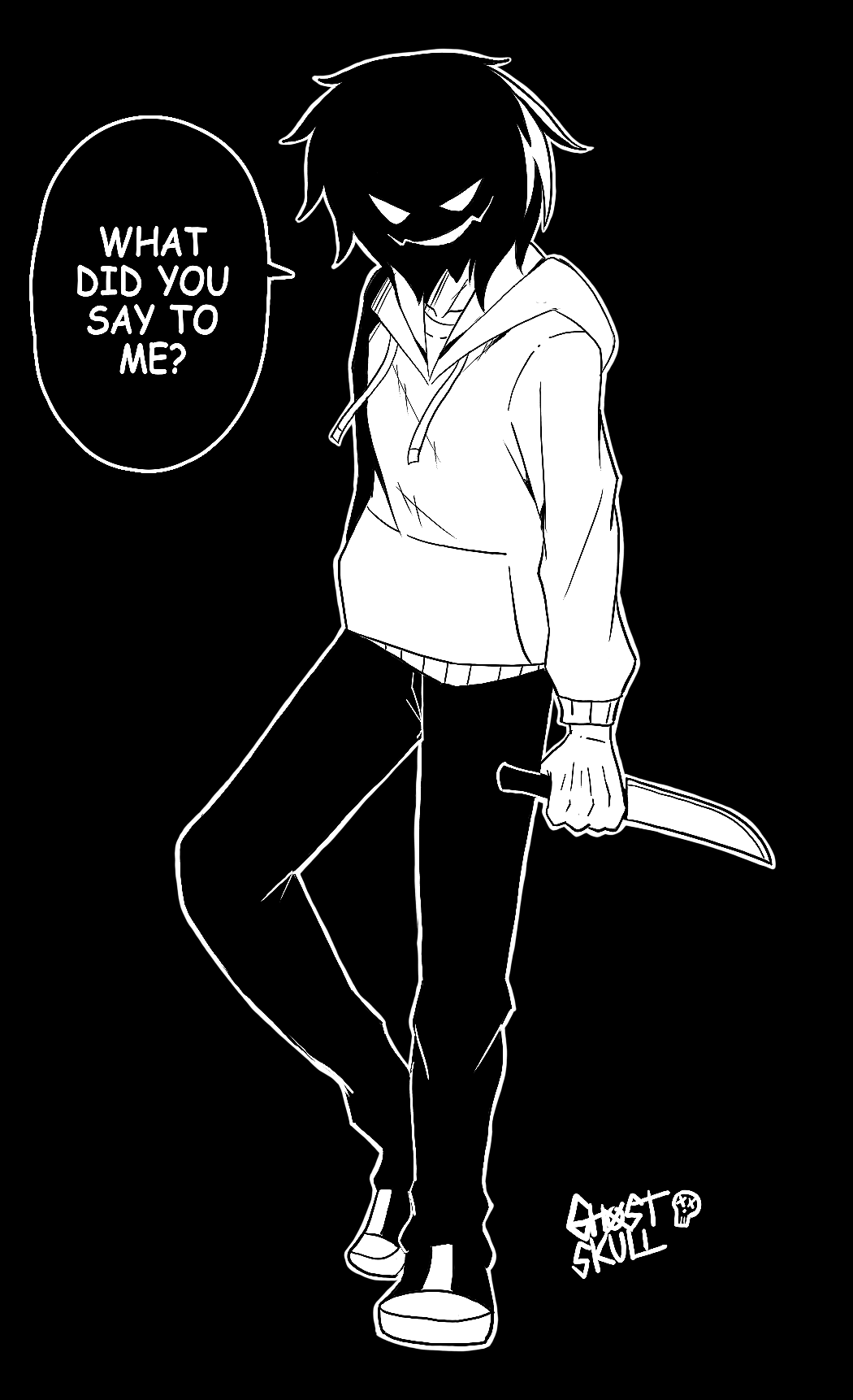 black_background creepypasta english_text full_body highres holding holding_knife hood hoodie iamghostskull jeff_the_killer knife monochrome outline speech_bubble watermark white_outline