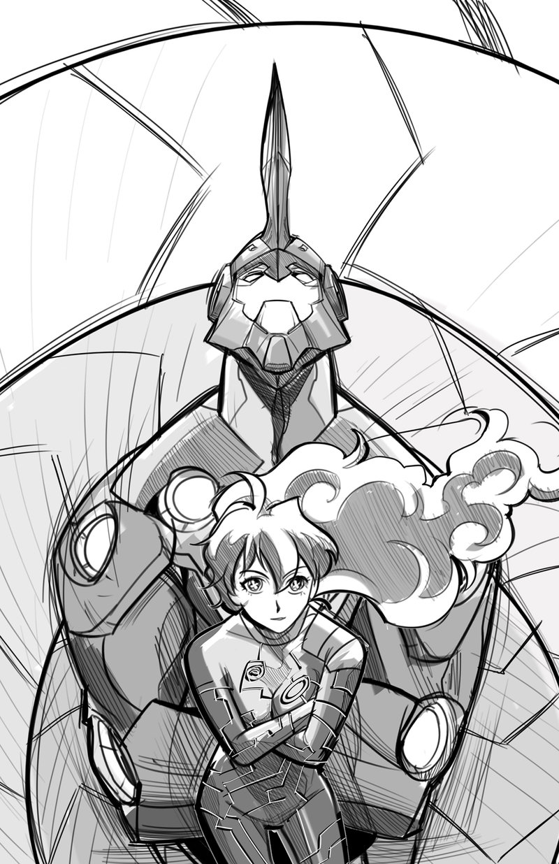 +_+ 00s 1girl andrew_santos antispiral_nia cross-shaped_pupils crossed_arms highres lazengann mecha monochrome nia_teppelin robot sketch symbol-shaped_pupils tengen_toppa_gurren_lagann