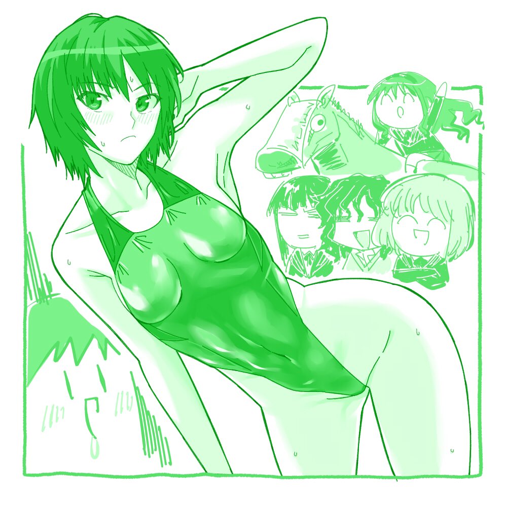 6+girls :d :| =_= ^_^ amagami arm_behind_back armpits ass ayatsuji_tsukasa bent_over blush bob_cut breasts chibi chibi_inset closed_eyes closed_mouth collarbone commentary competition_swimsuit covered_navel cowboy_shot dynamic_pose embarrassed frown green_theme hair_between_eyes half-closed_eyes highleg highleg_one-piece_swimsuit horse horseback_riding kenchi leaning_forward long_hair monochrome morishima_haruka multiple_girls nanasaki_ai one-piece_swimsuit open_mouth riding short_hair sideboob small_breasts smile solo_focus swimsuit tanaka_keiko_(amagami) tanamachi_kaoru two-tone_swimsuit wavy_hair wet
