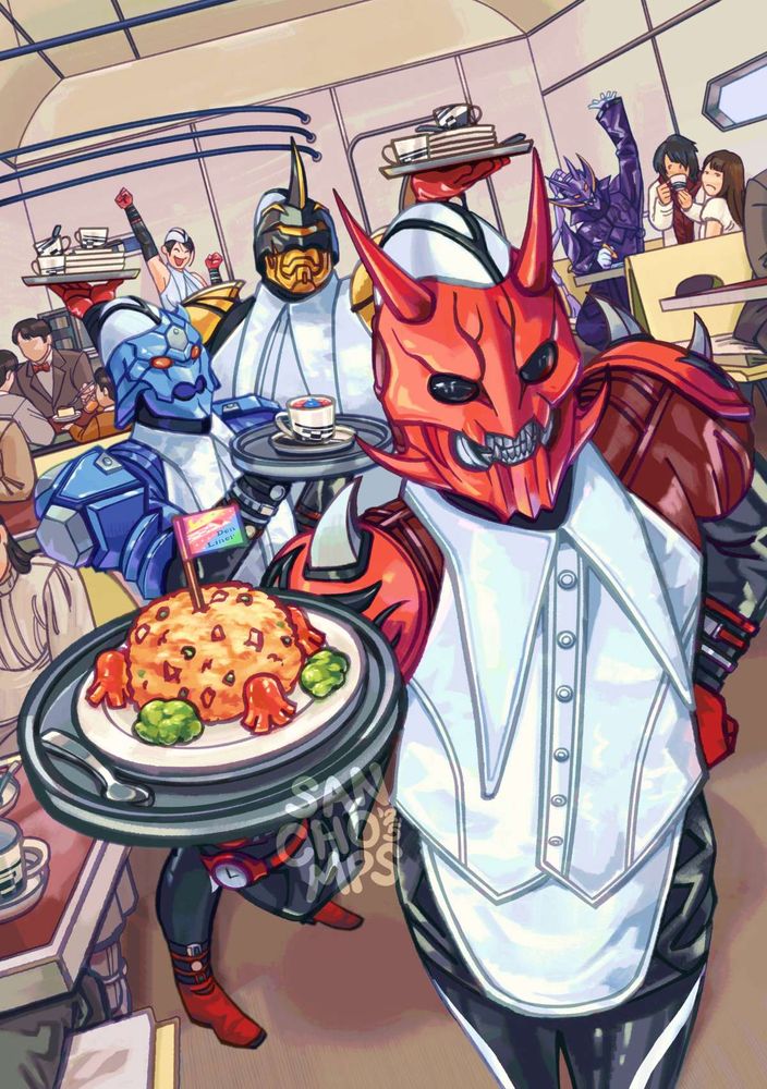 2girls 5boys arm_up armor armor_under_clothes background_characters bear black_eyes blue_armor boots cheering coffee coffee_mug crayon crossdressing cup dishes dragon drawing_(action) drinking flag food fried_rice gloves hana_(kamen_rider_den-o) hand_on_own_hip hand_up hat holding holding_tray kamen_rider kamen_rider_den-o_(series) kintaros large_collar looking_at_viewer male_focus momotaros mug multiple_boys multiple_girls naomi_(kamen_rider_den-o) nogami_ryoutarou oni orange_eyes people plate purple_armor red_armor red_boots red_gloves ryutaros sanchomps serving shirt sleeveless sleeveless_shirt spoon train train_interior tray turtle urataros waitress_uniform watch wristwatch wristwatch_over_clothes yellow_armor yellow_eyes