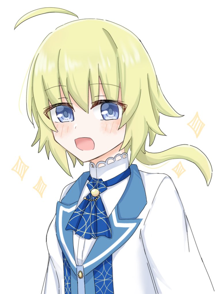 1girl :d ahoge amano_soraha arms_at_sides ascot assault_lily blonde_hair blue_ascot blue_eyes commentary hair_between_eyes jacket long_hair long_sleeves looking_at_viewer low_ponytail official_alternate_costume open_mouth ponytail sana_(hs_yp1) shirt simple_background smile solo sparkle upper_body white_background white_jacket white_shirt