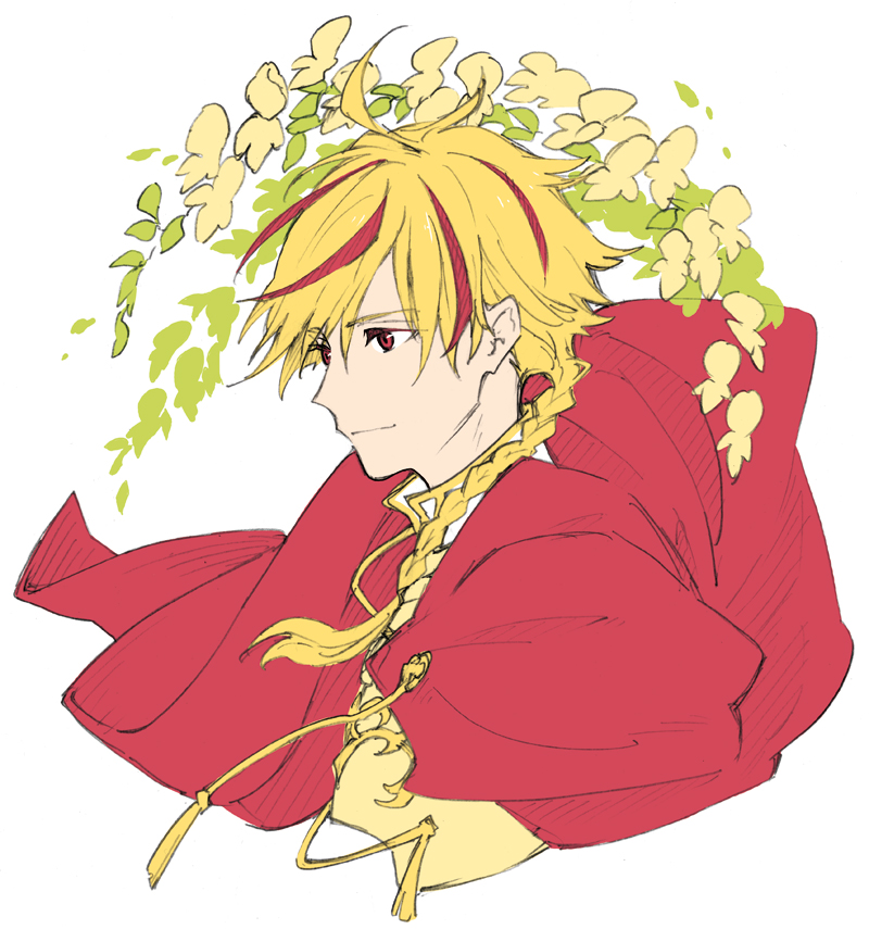 1boy blonde_hair braid cape closed_mouth fate/strange_fake fate_(series) flower from_side isshoku_(shiki) light_smile looking_ahead male_focus multicolored_hair portrait red_cape red_eyes red_hair richard_i_(fate) simple_background sketch solo streaked_hair two-tone_hair white_background