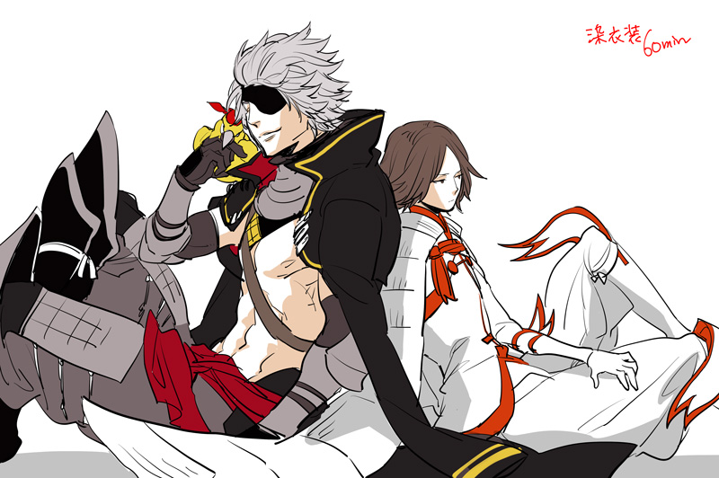 2boys animal animal_on_shoulder back-to-back bird bird_on_shoulder black_jacket brown_eyes brown_gloves brown_hair brown_pants chousokabe_motochika_(sengoku_basara) completion_time eyepatch feet_out_of_frame frown gloves grey_hair jacket jacket_on_shoulders looking_ahead male_focus mouri_motonari_(sengoku_basara) multiple_boys no_headwear no_shirt official_alternate_color one_hour_photo pants parrot popped_collar sengoku_basara shirt simple_background sitting smirk white_background white_gloves white_pants white_shirt yona_(waiko)