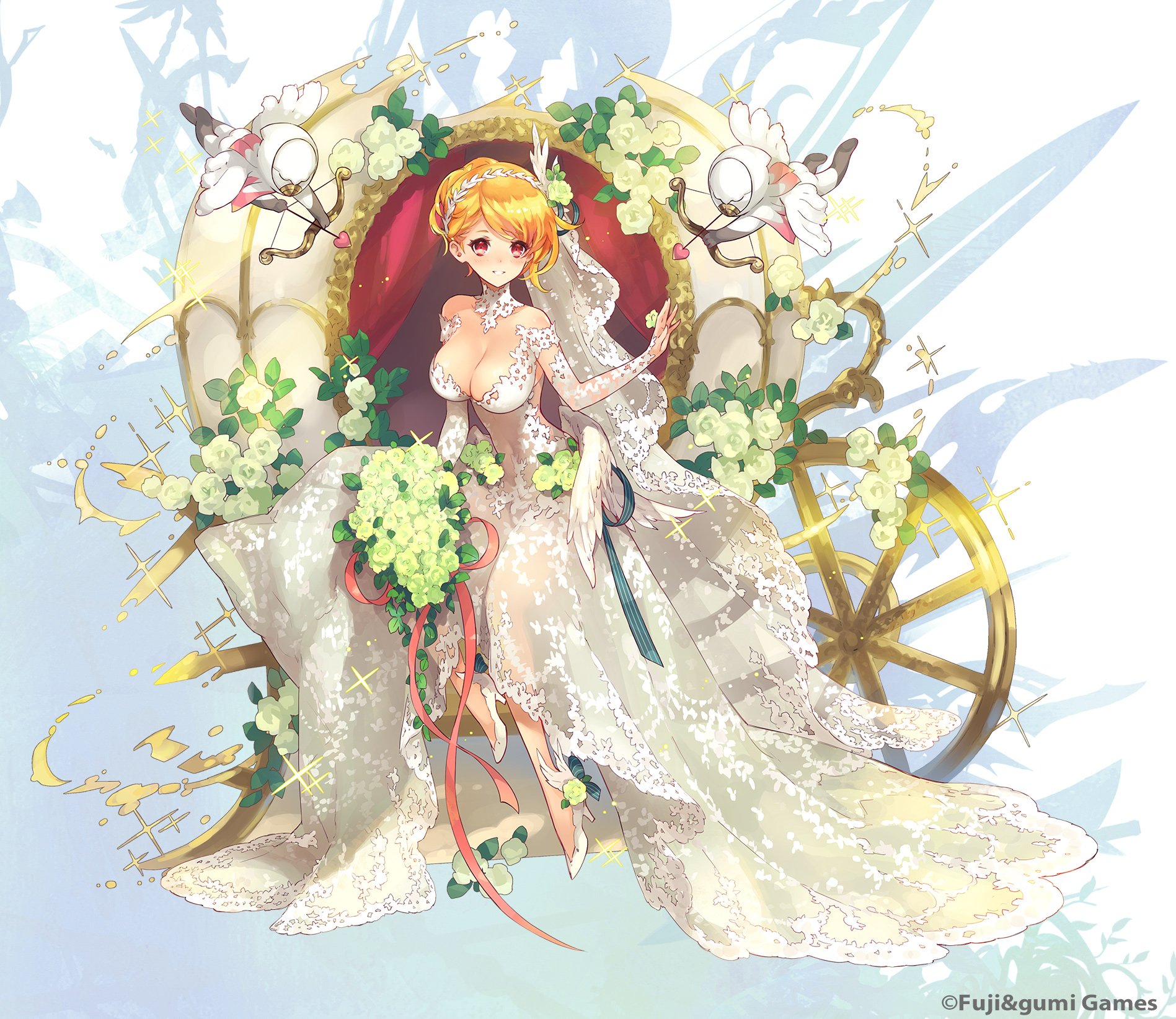 1girl angel angel_wings blonde_hair bouquet bow_(weapon) bridal_veil bride da-kuro dress eros_(phantom_of_the_kill) flower full_body hair_ornament high_heels highres holding looking_at_viewer open_mouth phantom_of_the_kill red_eyes see-through_clothes sitting solo veil weapon wedding_dress wheel wings
