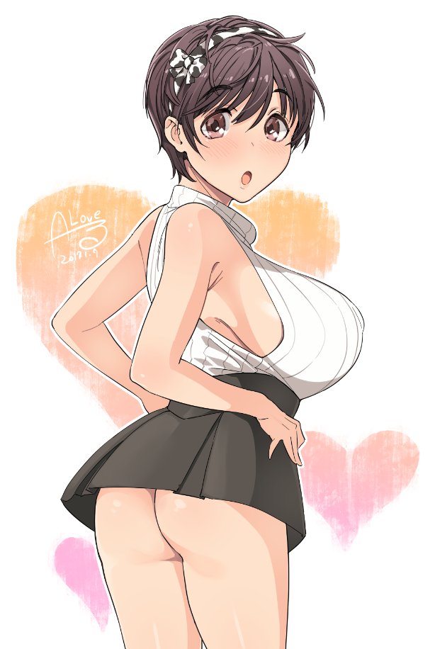 1girl animal_print ass bare_shoulders black_skirt breasts brown_eyes brown_hair commentary cow_print dated dot_nose from_behind hairband hands_on_own_hips heart heart_background idolmaster idolmaster_cinderella_girls idolmaster_cinderella_girls_starlight_stage large_breasts looking_at_viewer looking_back miniskirt no_panties oikawa_shizuku open_mouth print_hairband rkrk shy sideboob signature skirt sleeveless sleeveless_sweater solo sweater white_background white_sweater