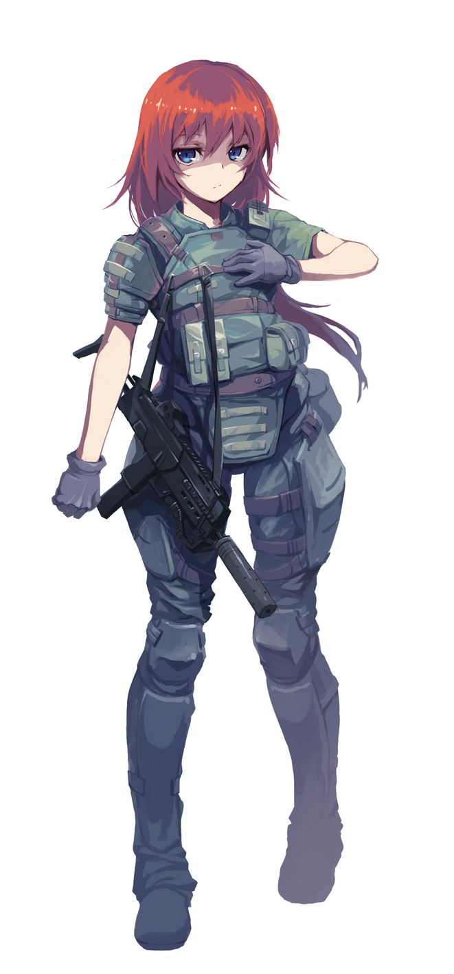 1girl blue_eyes crysis eotech fangdan_runiu female_focus gloves gun h&amp;k_mp7 heckler_&amp;_koch highres long_hair machine_pistol military military_uniform original personal_defense_weapon red_hair simple_background solo submachine_gun suppressor weapon white_background