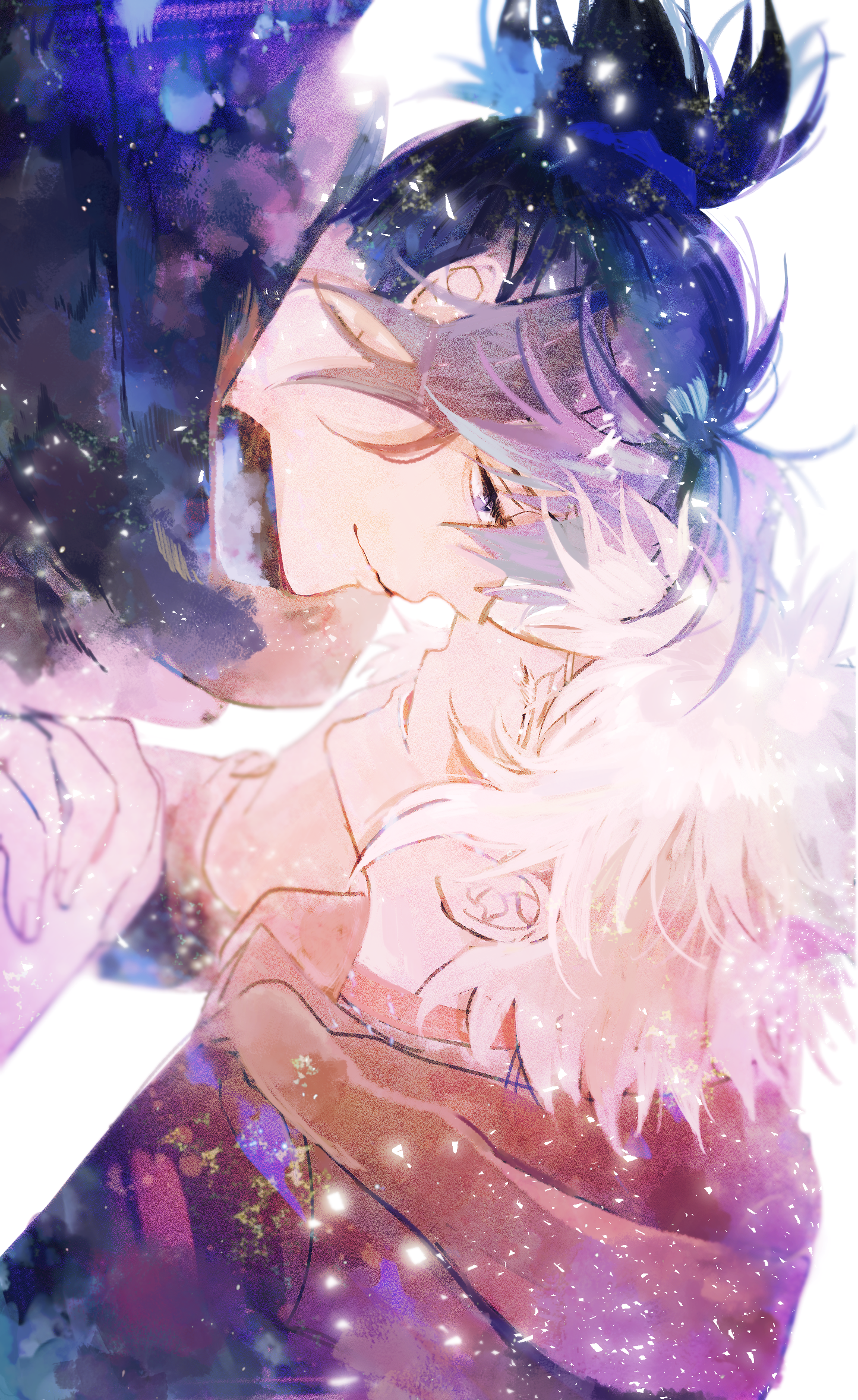 2boys black_hair black_jacket blue_eyes brown_jacket closed_eyes closed_mouth colored_eyelashes eyelashes facing_another floating_hair hair_between_eyes half-closed_eyes hand_on_another's_cheek hand_on_another's_face happy highres hood hooded_jacket interlocked_fingers jacket long_sleeves looking_at_another lower_teeth_only male_focus medium_hair multiple_boys nezumi_(no.6) no.6 noses_touching open_mouth ponytail ryousuke_(tukr5384) scarf shion_(no.6) short_hair short_ponytail sideways simple_background smile teeth upper_body white_background yaoi