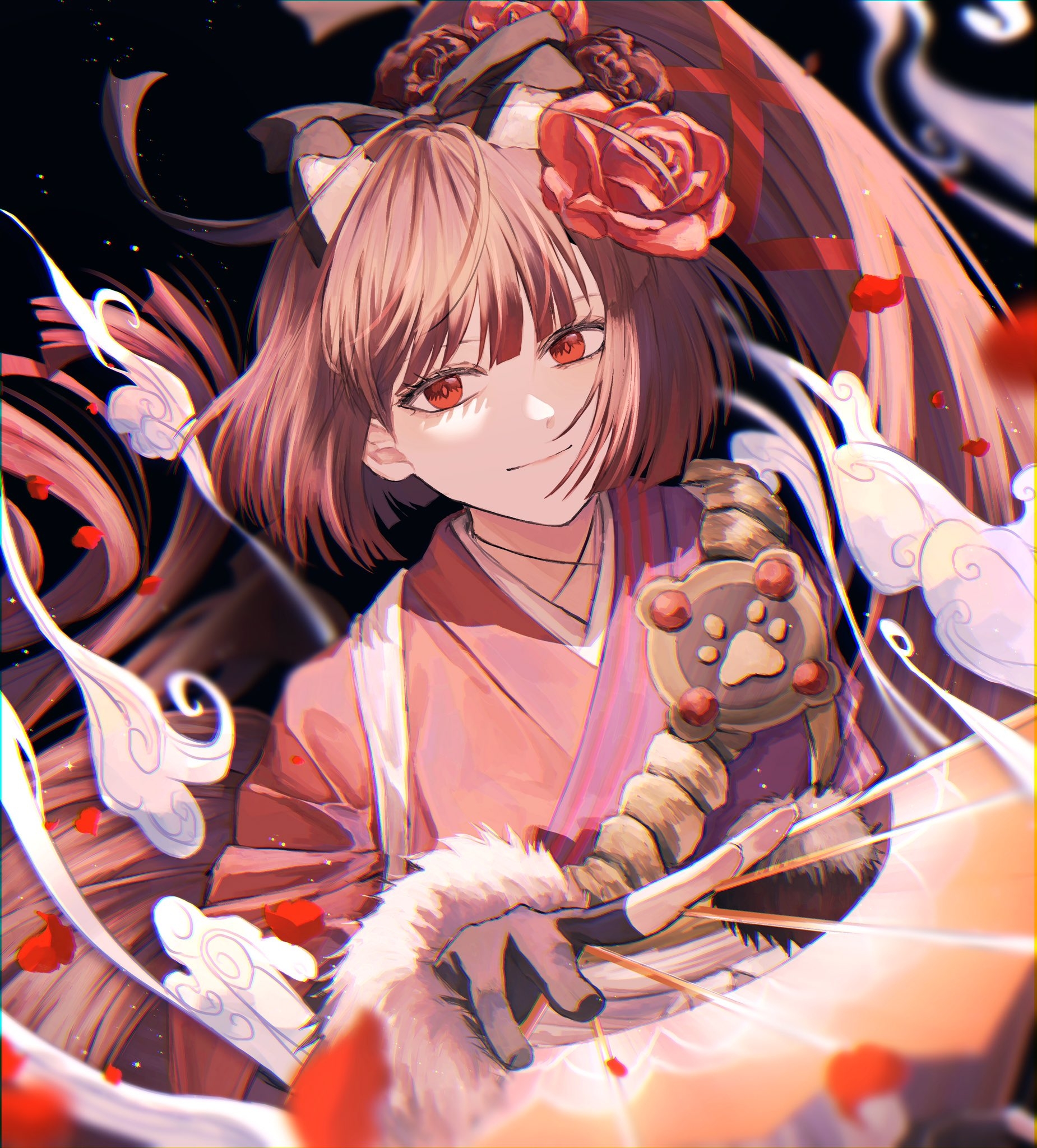 1girl animal_ear_fluff animal_ears black_background black_gloves brown_hair commentary_request fate/grand_order fate_(series) flower folding_fan gloves hair_flower hair_ornament hand_fan highres japanese_clothes kimono kyokutei_bakin_(fate) long_hair looking_at_viewer partially_fingerless_gloves paw_print poshi00 red_flower red_kimono rope solo upper_body very_long_hair wind