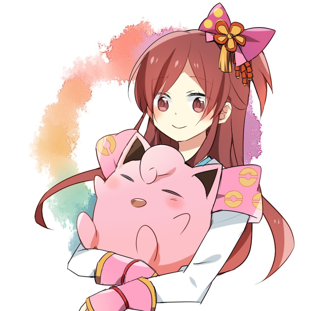 arms_up blush closed_eyes creatures_(company) game_freak gen_1_pokemon hair_ribbon holding holding_pokemon japanese_clothes jigglypuff kimono long_hair nintendo oichi oichi_(pokemon_conquest) oichi_(sengoku_musou) poke_ball_print pokemon pokemon_(creature) pokemon_conquest ponytail red_eyes red_hair ribbon sengoku_musou smile source_request swept_bangs