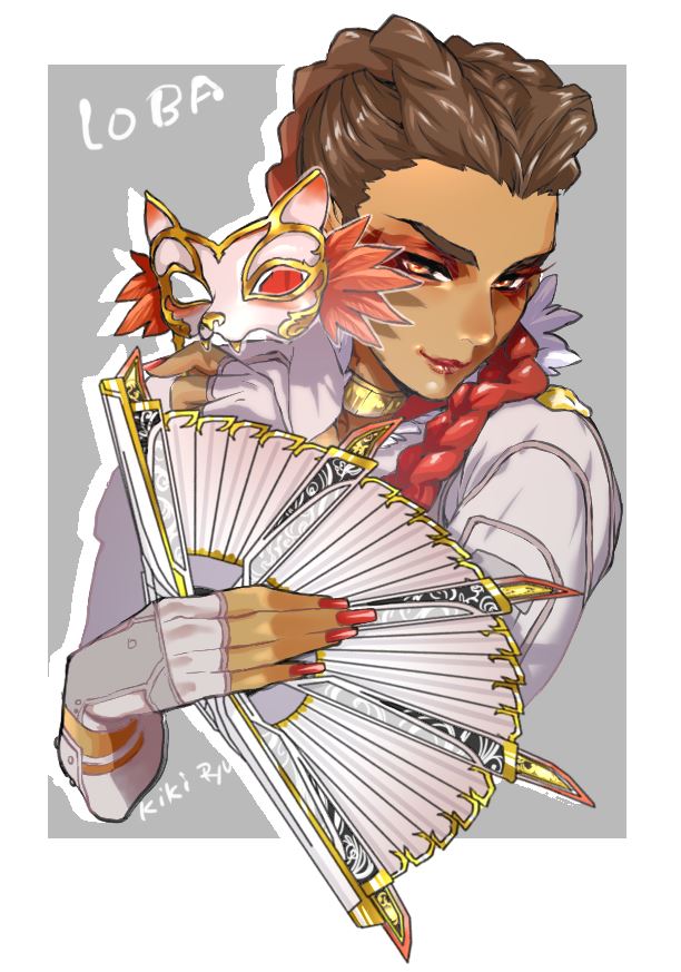 1girl apex_legends border braid brown_eyes brown_hair eyeshadow fingerless_gloves folding_fan garra_de_alanza gloves gold_choker gradient_hair grey_background grey_gloves grey_jacket hand_fan holding holding_fan holding_mask jacket loba_(apex_legends) makeup mask unworn_mask meteolance multicolored_hair nail_polish portrait red_eyeshadow red_hair red_nails smile solo twin_braids white_border