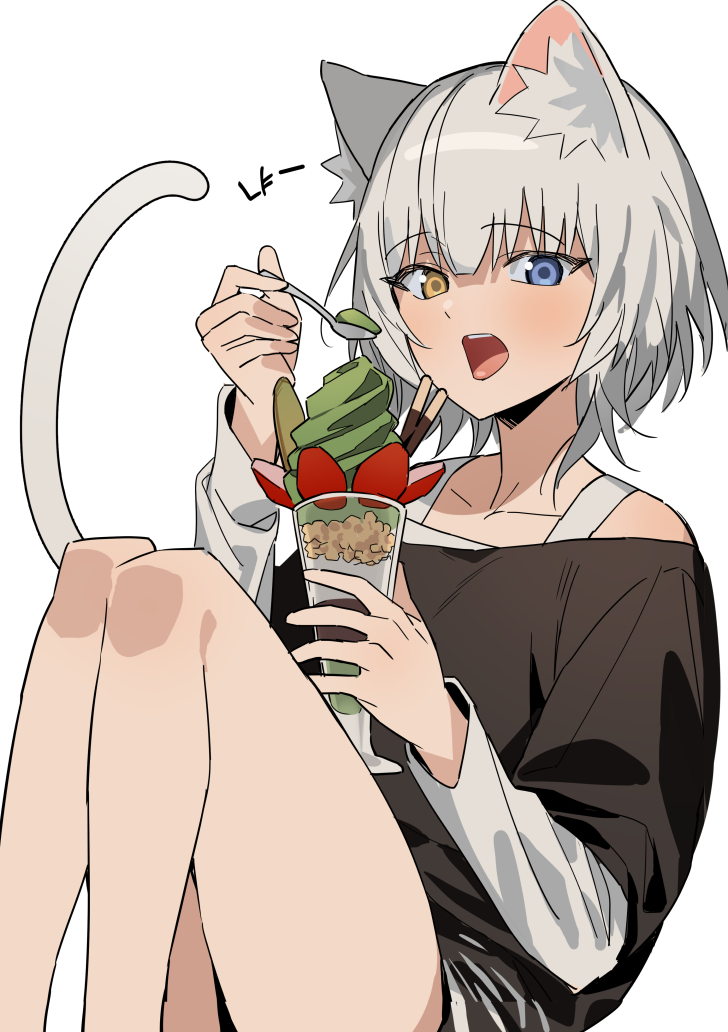 1girl animal_ears bang_dream! bang_dream!_it&#039;s_mygo!!!!! black_shirt blue_eyes cat_ears cat_girl cat_tail commentary heterochromia holding holding_spoon kaname_raana kemonomimi_mode korean_text layered_sleeves long_sleeves looking_at_viewer matcha_parfait namgic open_mouth raana_the_cat shirt short_hair short_over_long_sleeves short_sleeves simple_background solo spoon tail teeth translation_request upper_teeth_only white_background white_hair white_shirt yellow_eyes