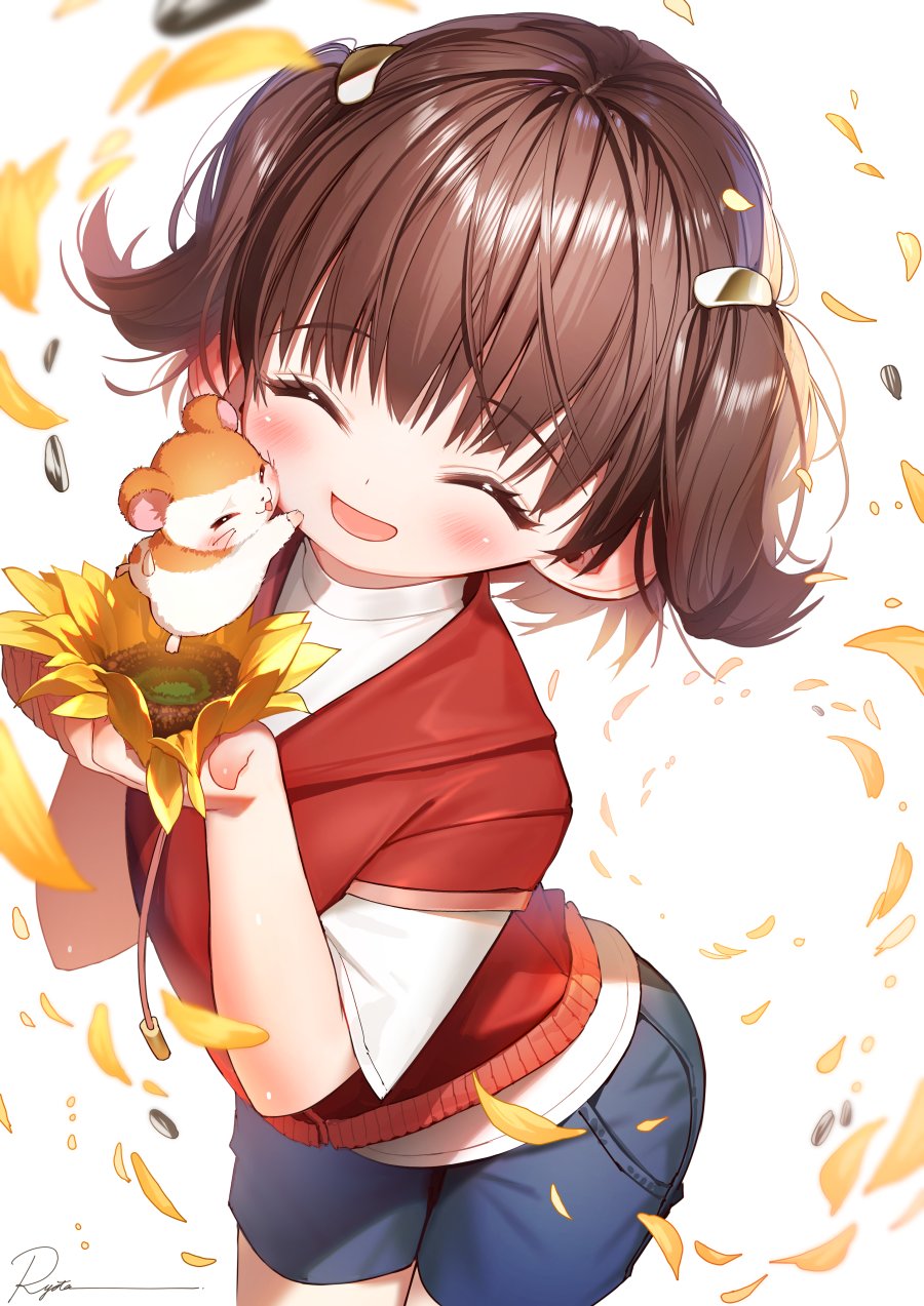 1girl animal animal_hug blue_shorts blush brown_hair child closed_eyes cowboy_shot cropped_hoodie drawstring falling_petals flower hair_ornament hairclip hamster hamtaro hamtaro_(series) haruna_hiroko highres holding holding_flower hood hood_down hoodie medium_hair open_mouth petals red_hoodie ryota_(ry_o_ta) shirt shorts smile sunflower twintails white_background white_shirt